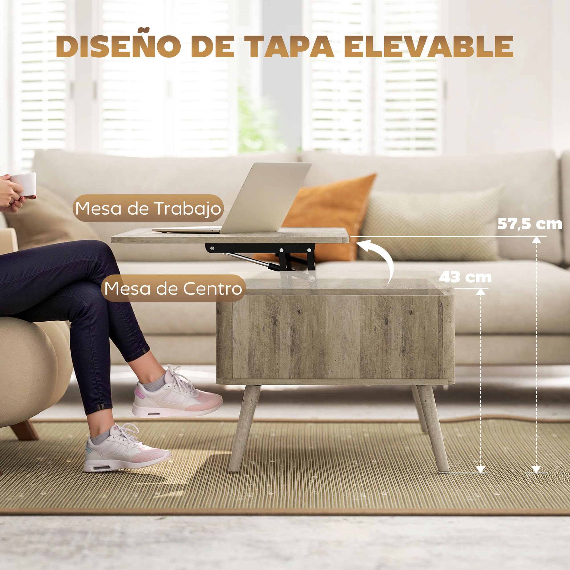 HOMCOM Mesa de Centro Elevable, Mesa de Café para Salón, Comedor, con Compartimentos Ocultos de Almacenaje y Patas de Pino, 91x56-80,5x43-57,5 cm, Roble