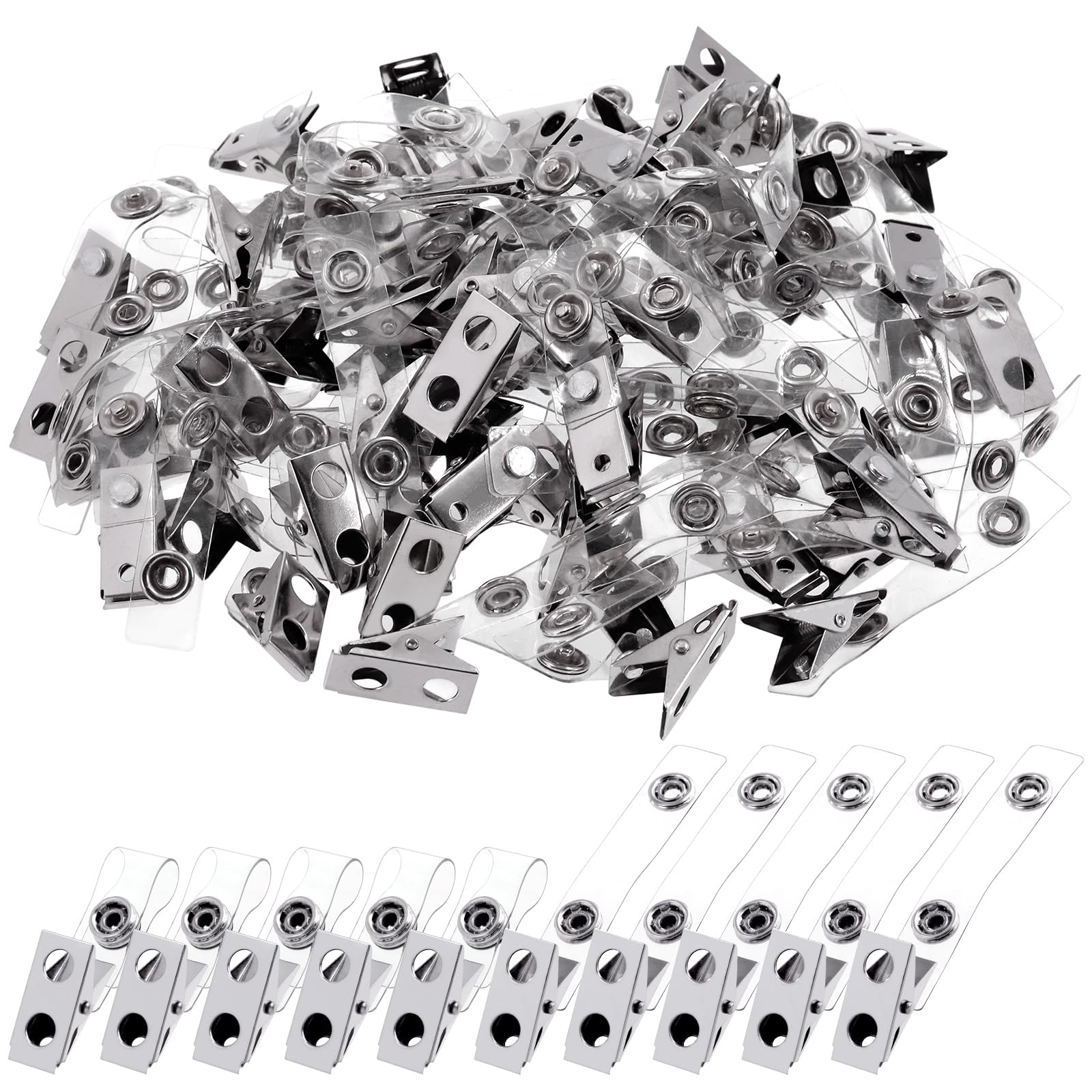 Mardatt 50Pcs Premium Double Hole Metal Badge Clips with Clear PVC Straps, Name Tag Clips for ID Cards Badge Holders