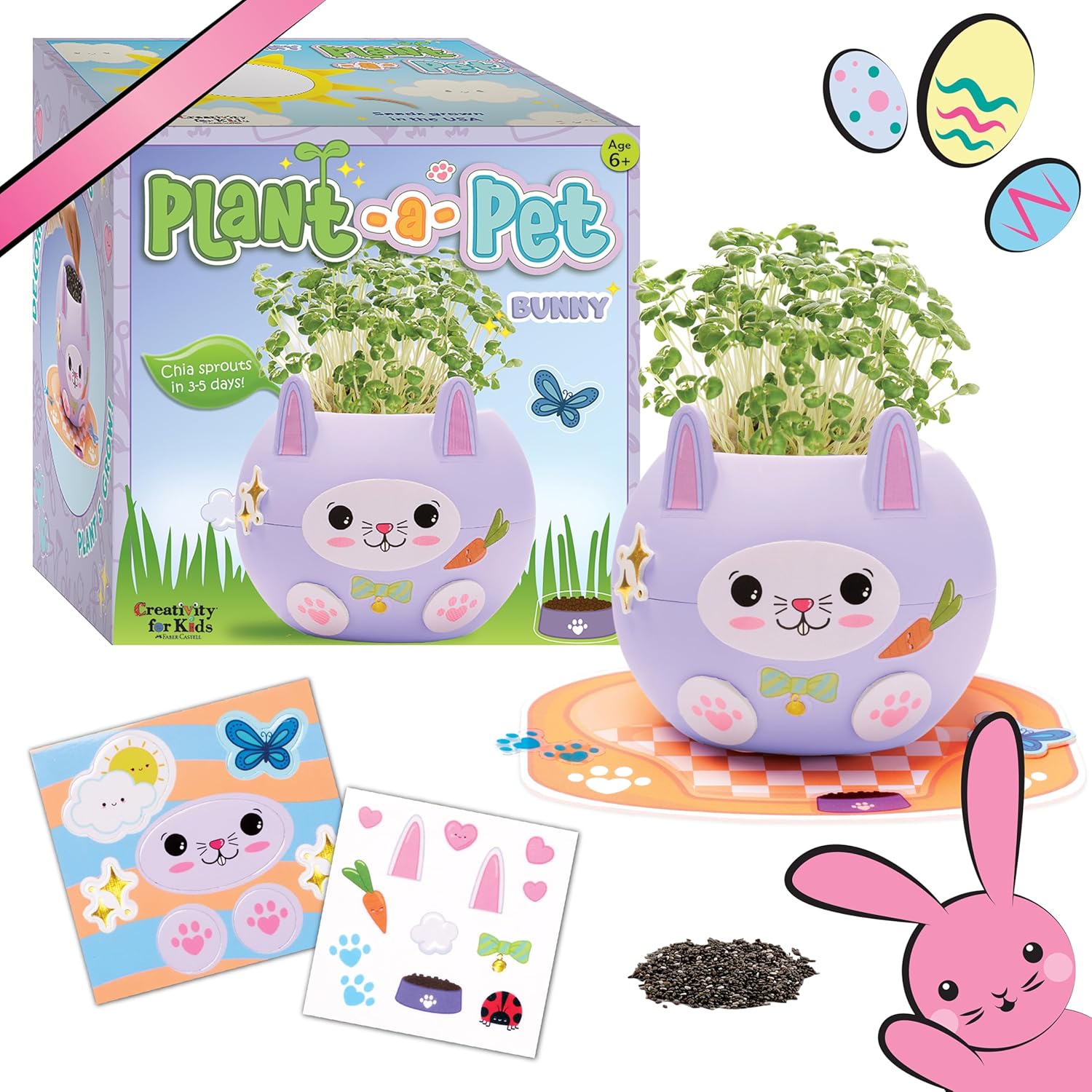 Creativity for Kids Plant-A-Pet: Bunny Chia Seed Plant Pet - Arts and Crafts for Kids, Girls Toys Ages 6-8+, Easter Basket Stuffers and Small Gifts for Girls