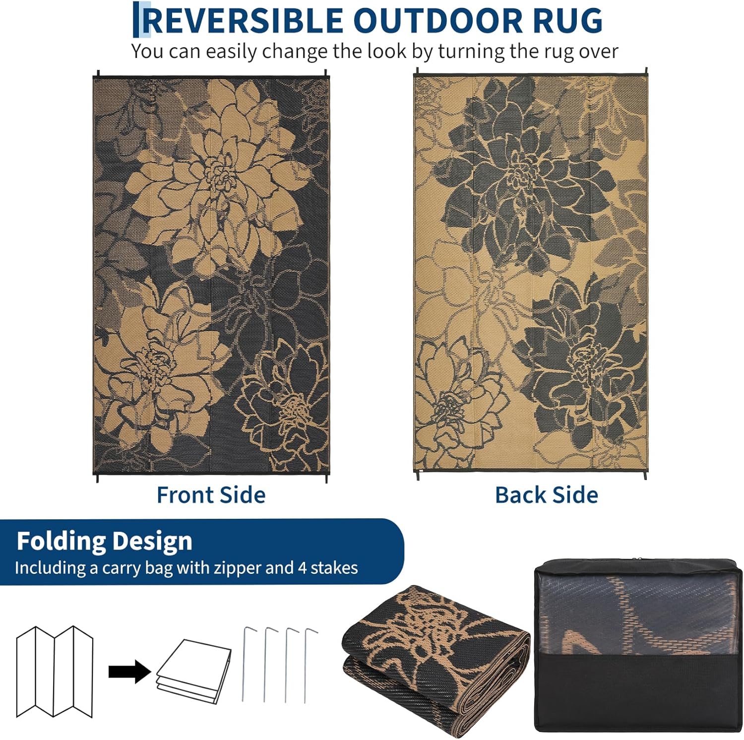 Outdoor Rug 9x12 Reversible Modern Floral Patio Rug Waterproof & Washable Outside Carpet, UV Weather Resistant RV Camping Mat, Durable Plastic Outdoor Carpet for Garden Yard, Brown