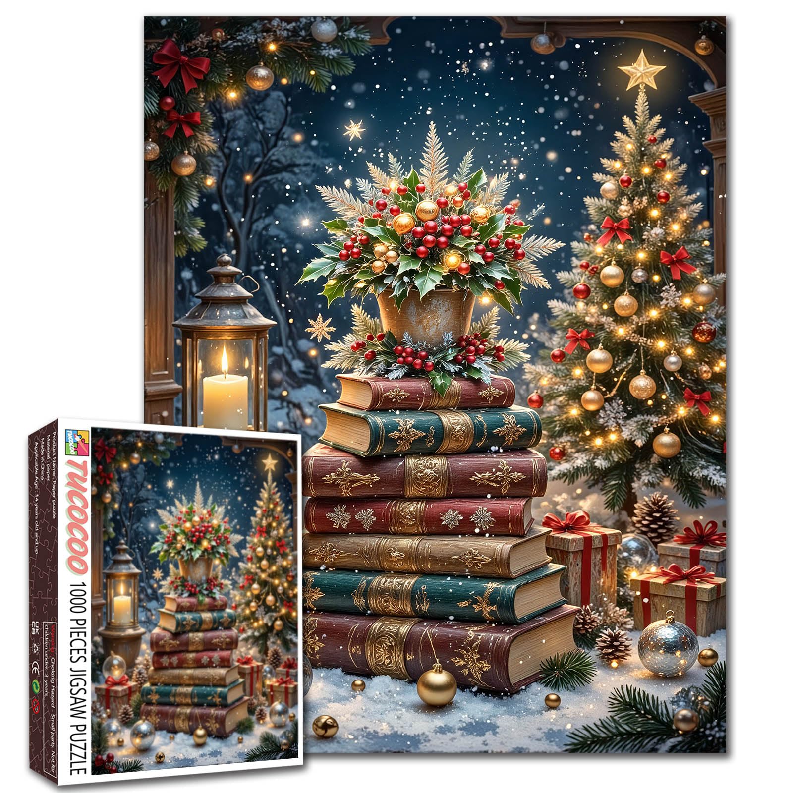 Christmas Books and Tree Jigsaw Puzzle for Adults Students 1000 Pieces Holiday Winter Scene Candles Gifts Baubles and Pinecones Snowy Night Festive Home Decor Calm Activity 20ร27 Inches Fun Puzzles โ image 1