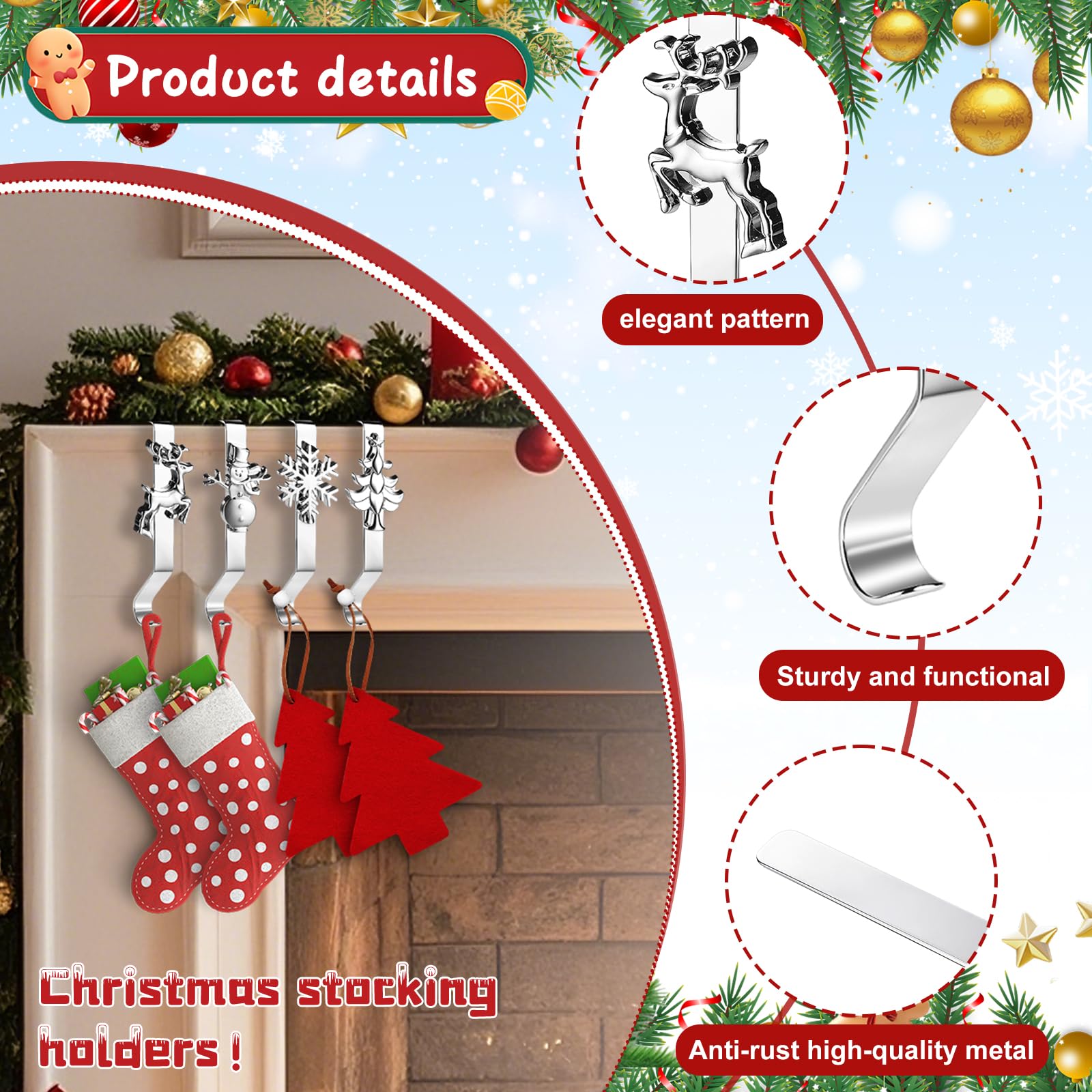 Set di 4 ganci per calza di Babbo Natale per caminetto
