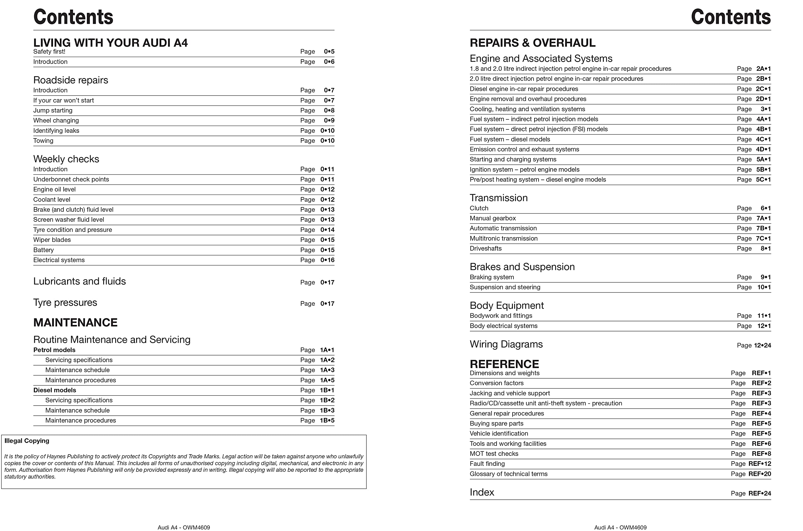 Audi A4 Petrol & Diesel (01 - 04) Haynes Repair Manual