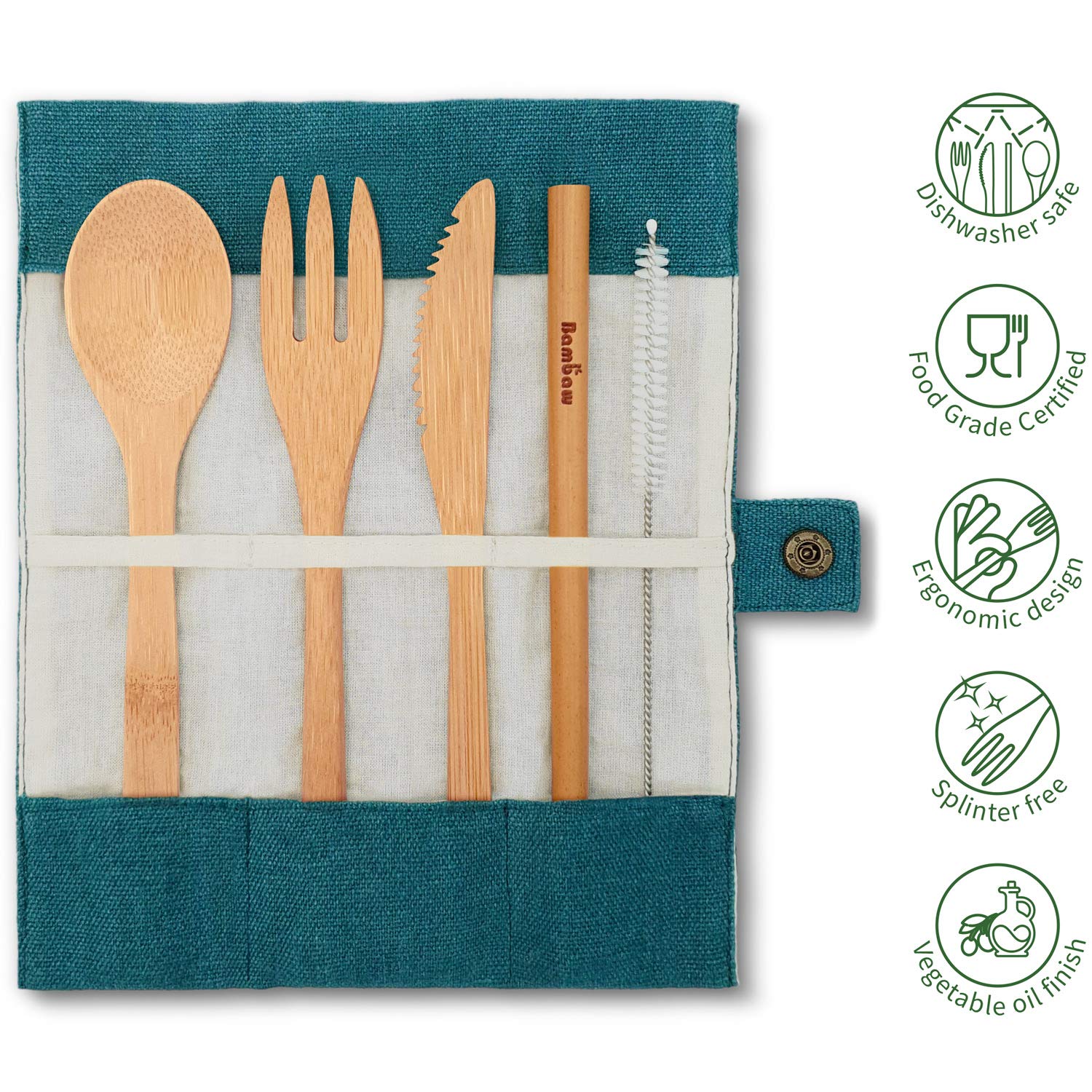 Set Posate In Bambù Riutilizzabili - Coltello, Forchetta, Cucchiaio E Cannuccia Con Borchetta In Juta - Foto 5