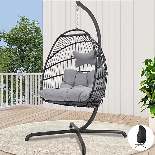 Miniatura 36 de Silla colgante de huevo, de mimbre y ratán, cojines resistentes a los rayos ultravioleta, capacidad de 350 libras, para dormitorio, balcón, patio