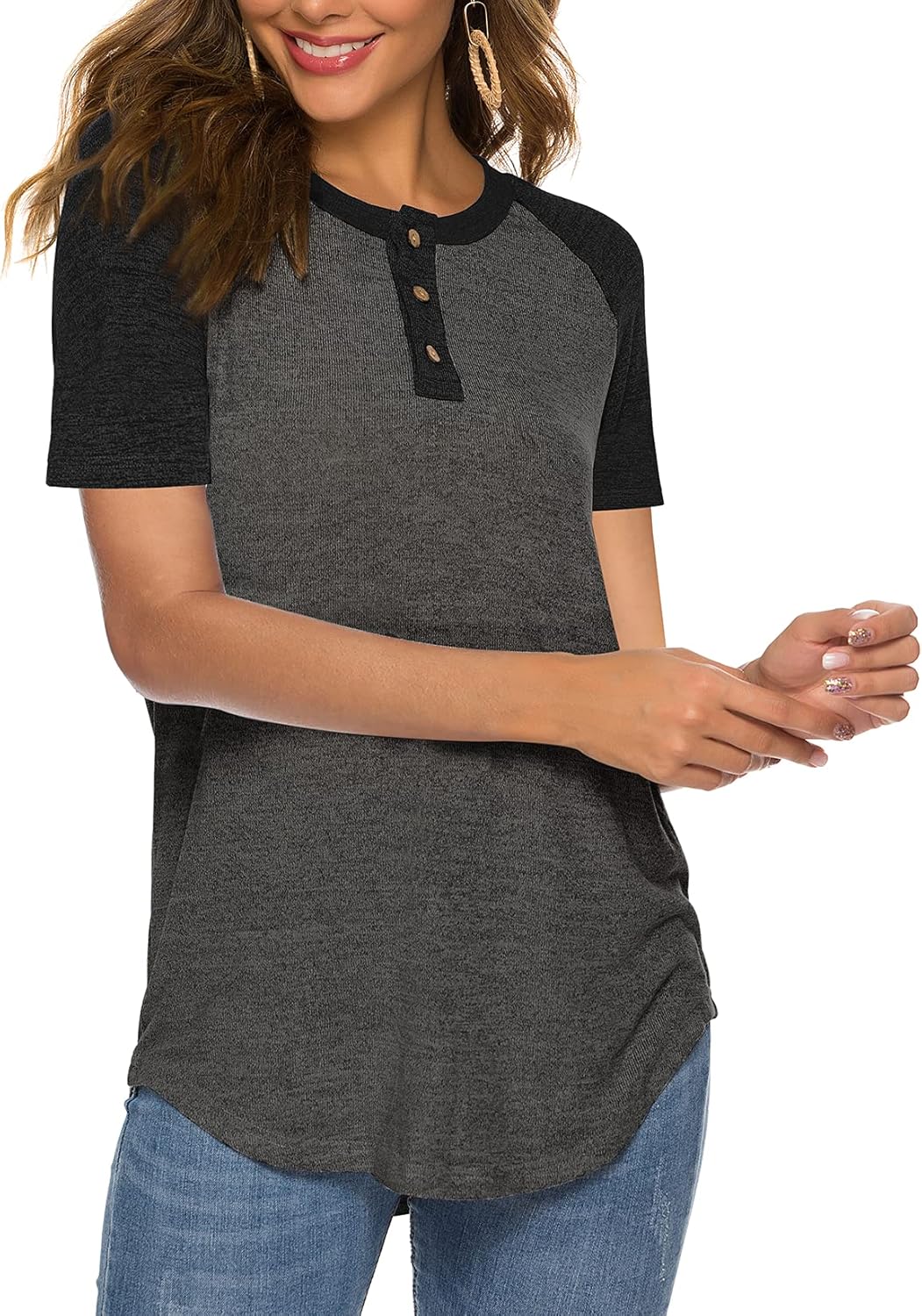 HOCOSIT Women's Raglan Round Neck Summer Tops Ladies Basic Button Henley Shirt Boyfriend Style Blouse - Image 4