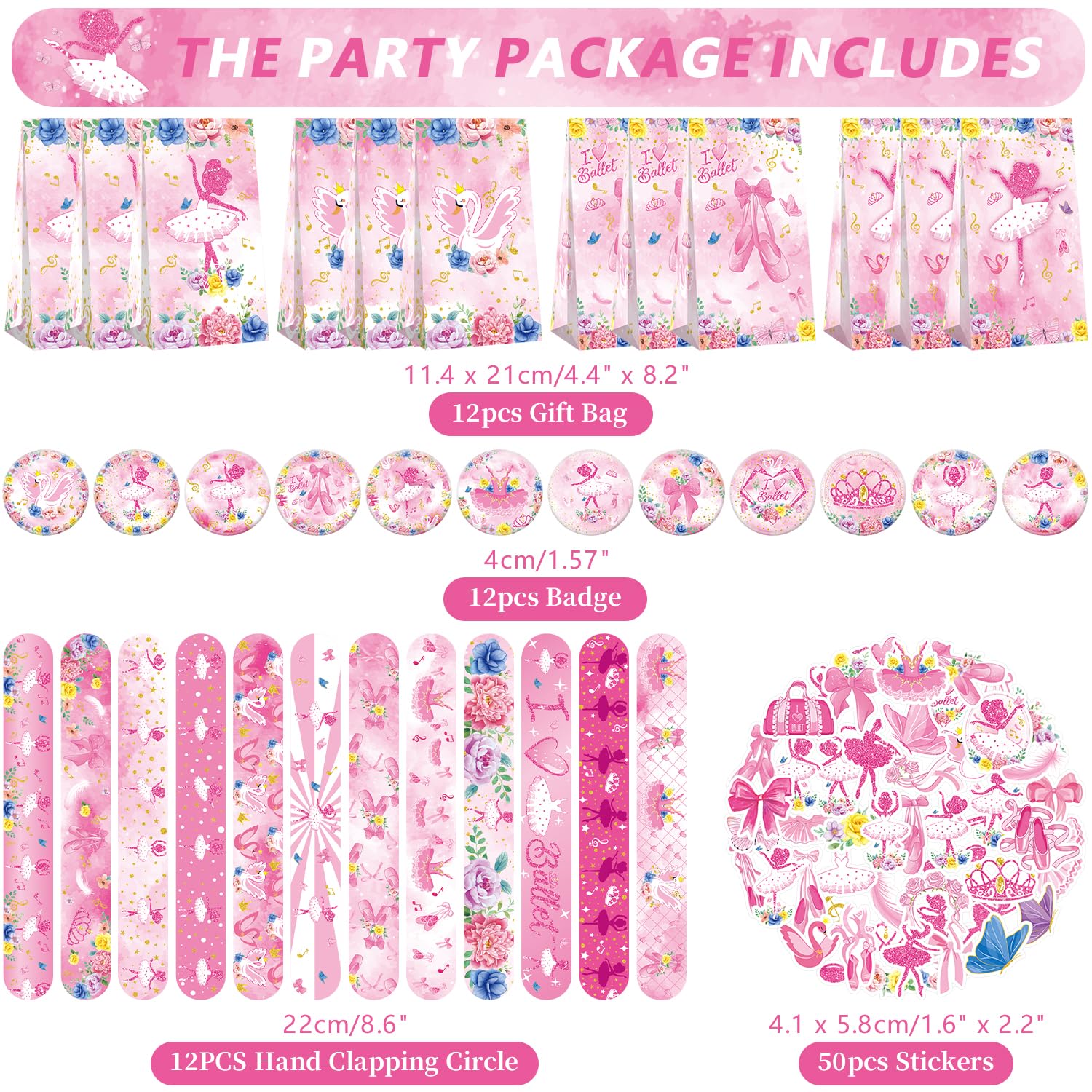 Prinsessenfeestartikelen, inclusief 12 geschenkzakje, 12 stickers, 12 siliconen polsbandjes, 12 badge, 12 notitieboeken, 12 edelstenen stickers, 12