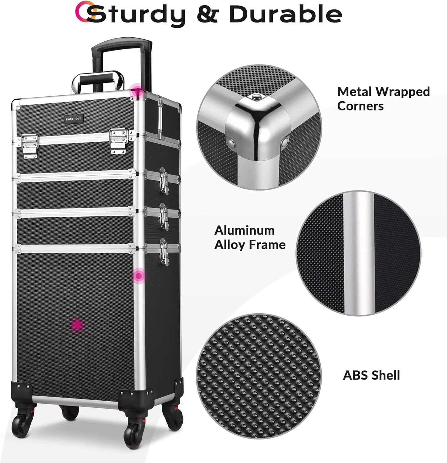 BYOOTIQUE Classic Black Rolling Makeup Case 4in1 Cosmetic Lockable Trolley Freelance Makeup Artist Travel Train Case Storage