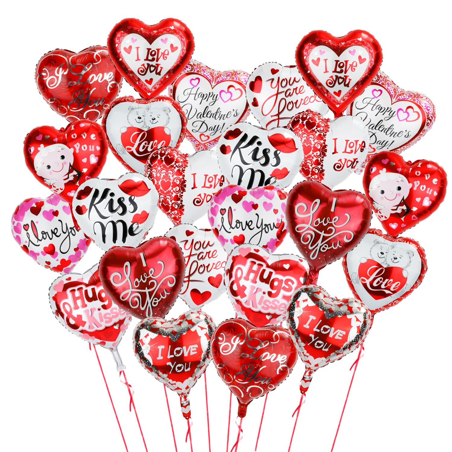 45 cm 24 Piezas Globos del Día de San Valentín, Globos Corazón San Valentín Coloridos Papel de Aluminio Romántico I Love You Diseño de Decoración del Día de San Valentín para Boda, con Cinta
