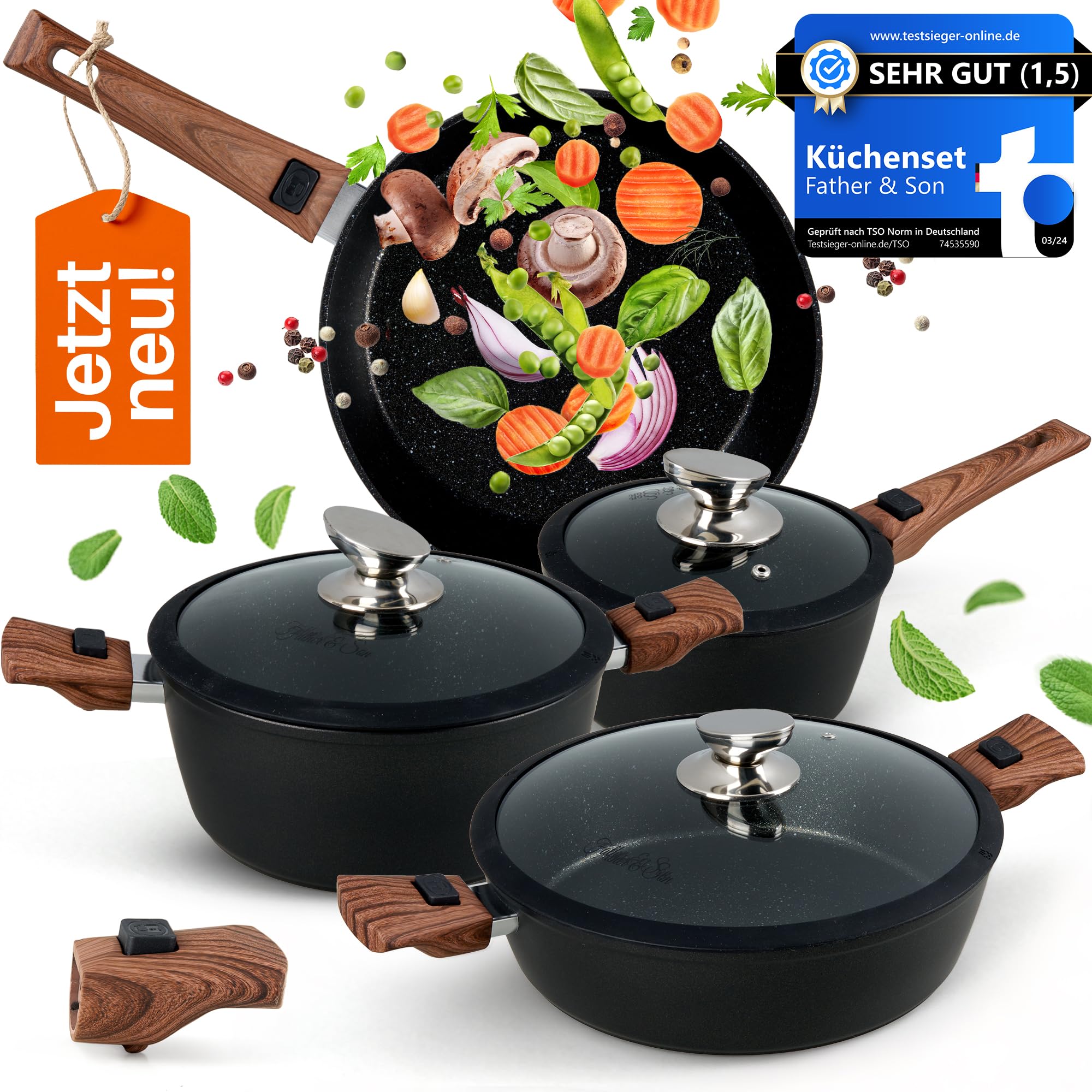 Topfset & Pfannenset Induktion [Antihaft Granit-Beschichtung] - Kochset mit abnehmbaren Griffen [Platzsparend & Backofenfest] - Beschichtete Töpfe und Pfannen Set [Spülmaschinenfest] - Ohne Einbrennen