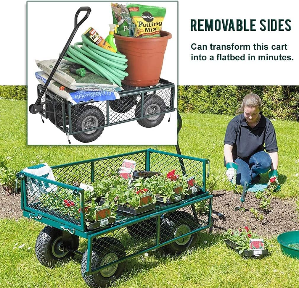 Heavy Duty Steel Garden Carts 400lb Weight Capacity Yard Dump Wagon Cart Lawn Utility Cart with Removable Sides Long Handle and 10in Tires ,Green : Patio, Lawn & Garden