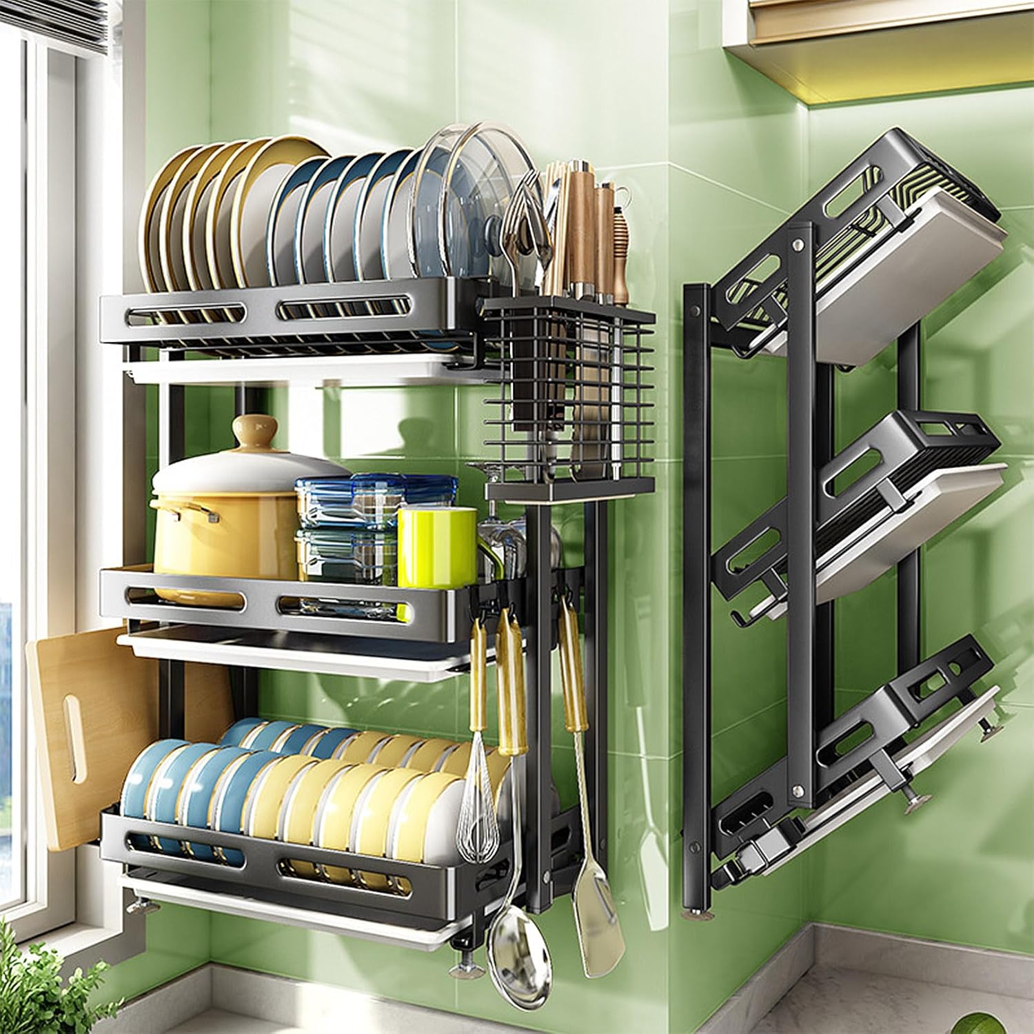 Folding Dish Drying Rack with Drip Tray, 3 Tier Wall