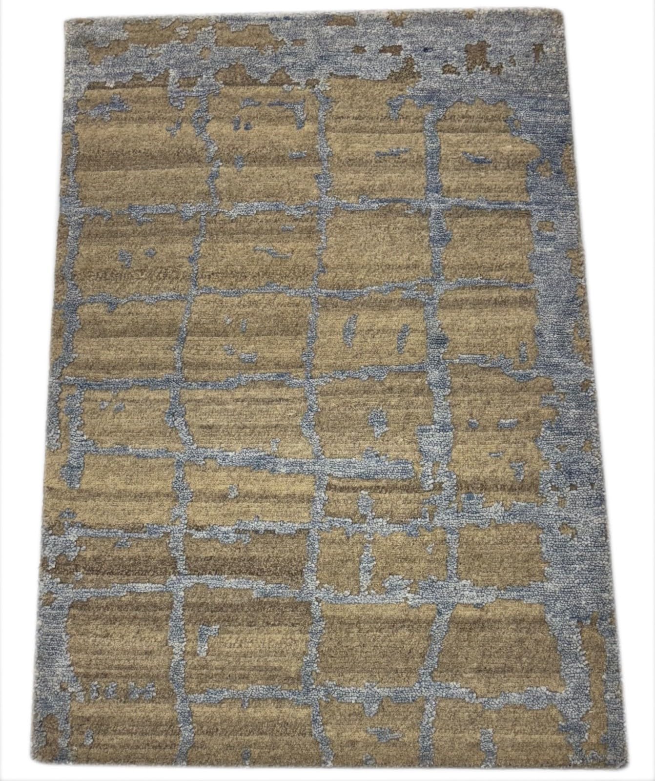 R116 Tapis design noué à la main - En laine de bambou - Beige et bleu - Brillant soyeux - 60 x 90 cm
