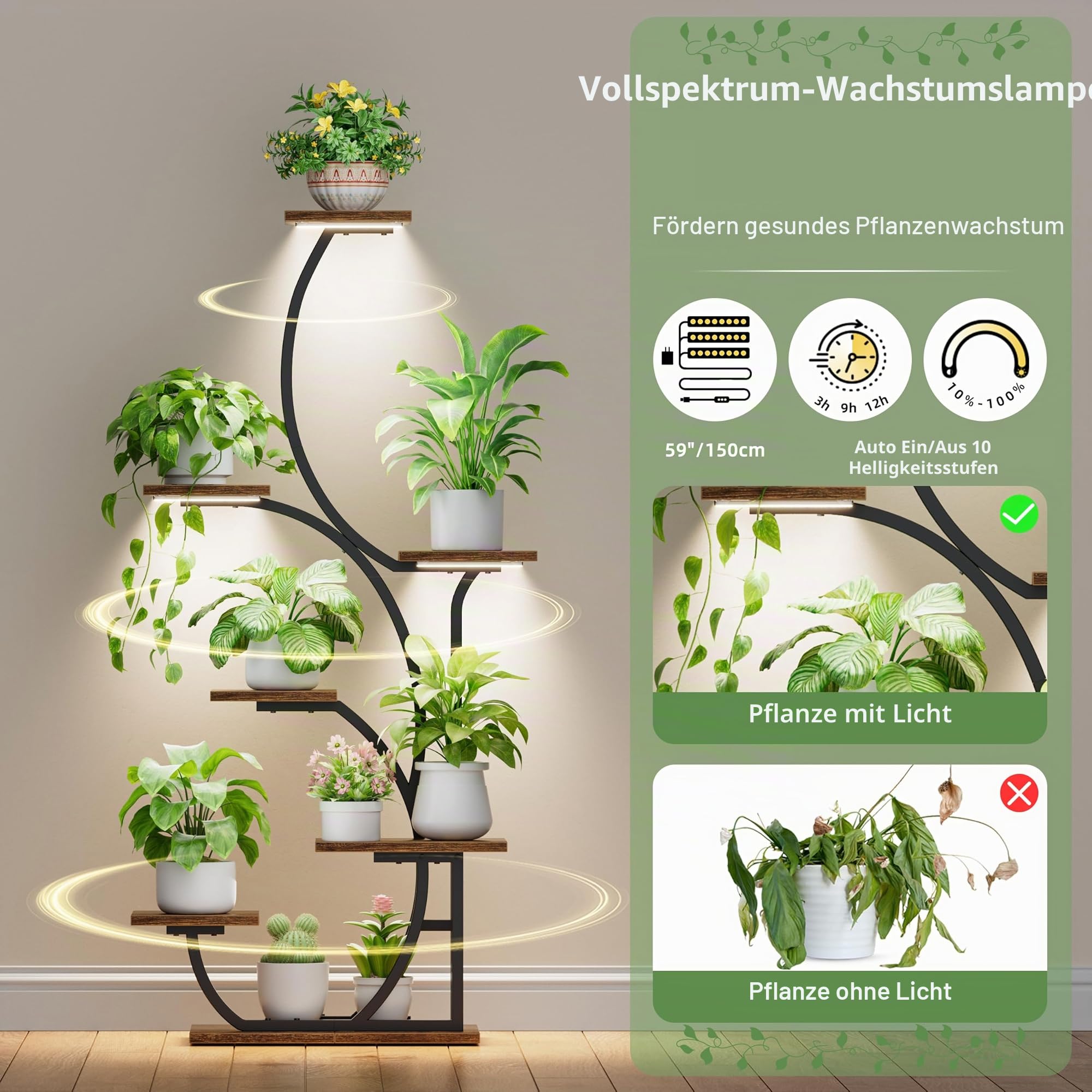 Pflanzenständer für den Innenbereich mit Wachstumslichtern – beleuchtetes Pflanzenregal für den Innenbereich, 144,8 cm, 7 Etagen, Eckpflanzenständer für den Innenbereich, hohes Blumenregal, S-förmiger