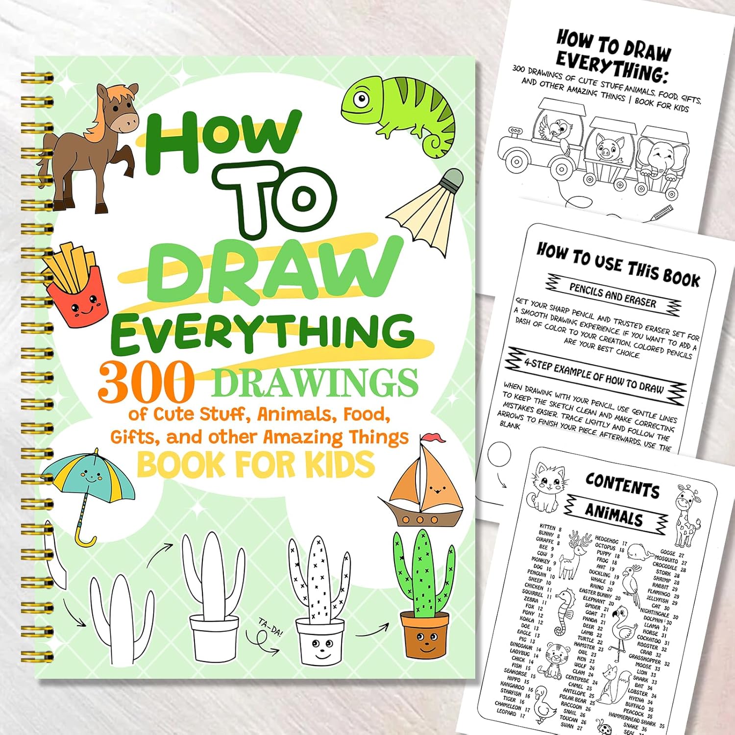 Spiral Bound Adult Coloring Book, How to Draw Everything Coloring Book for Adults Mindfulness and Relaxing, 300 Drawings of Cute Stuff, Animals, Food,Gifts, and Other Amazing Things