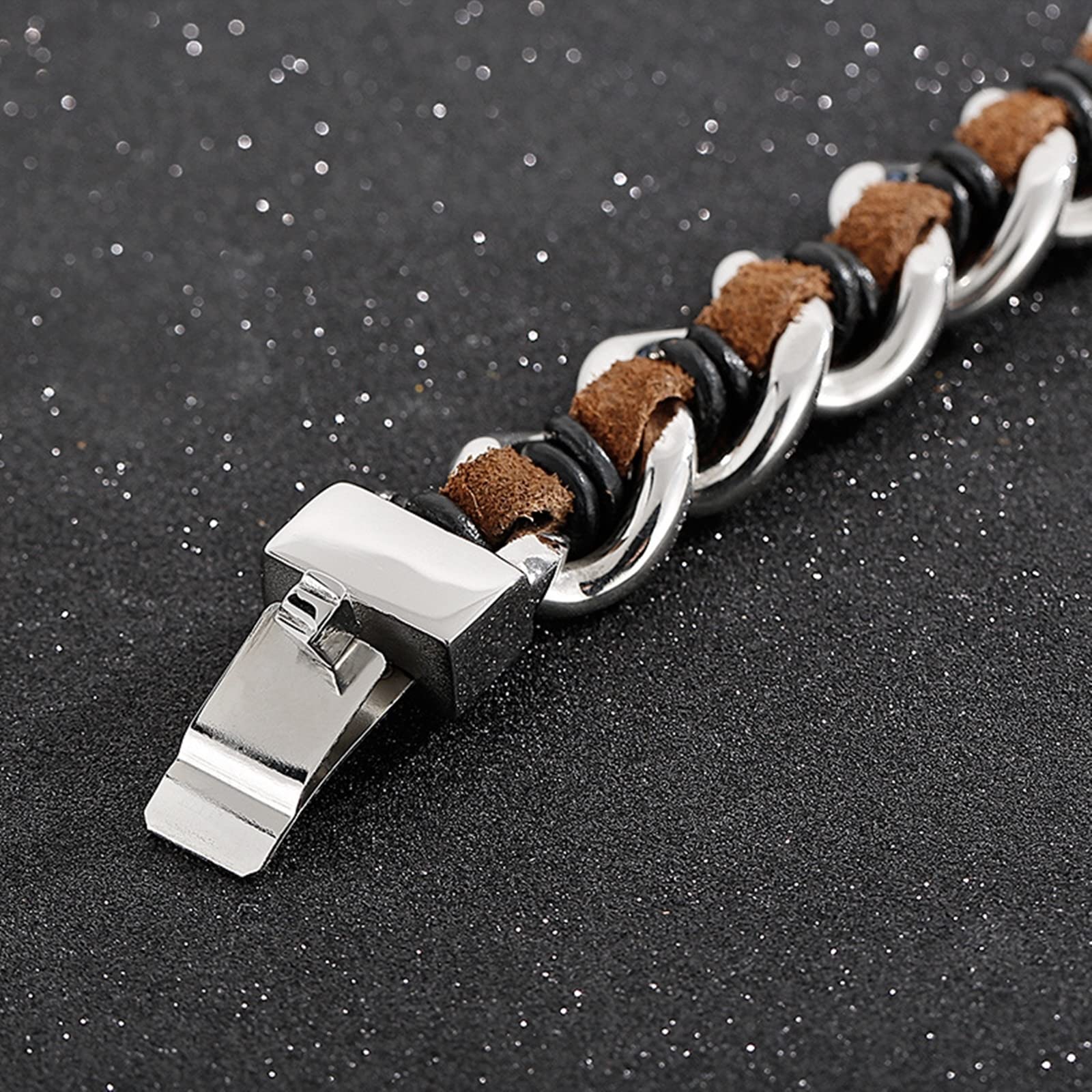 Bracelet Cuir, Bracelet Simple Marron Acier Inoxydable Cuir Maille Gourmette Mode Tressé Mariage Cadeau Bijoux Homme 21.5cmx16mm