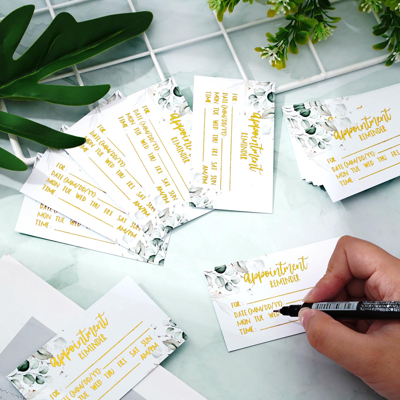 AnyDesign 200 tarjetas de recordatorio de citas verdes, diseño de follaje, tarjetas de cita de lámina dorada para negocios, peluquería, oficina, spa, masaje, aseo de perros, suministros de restaurante