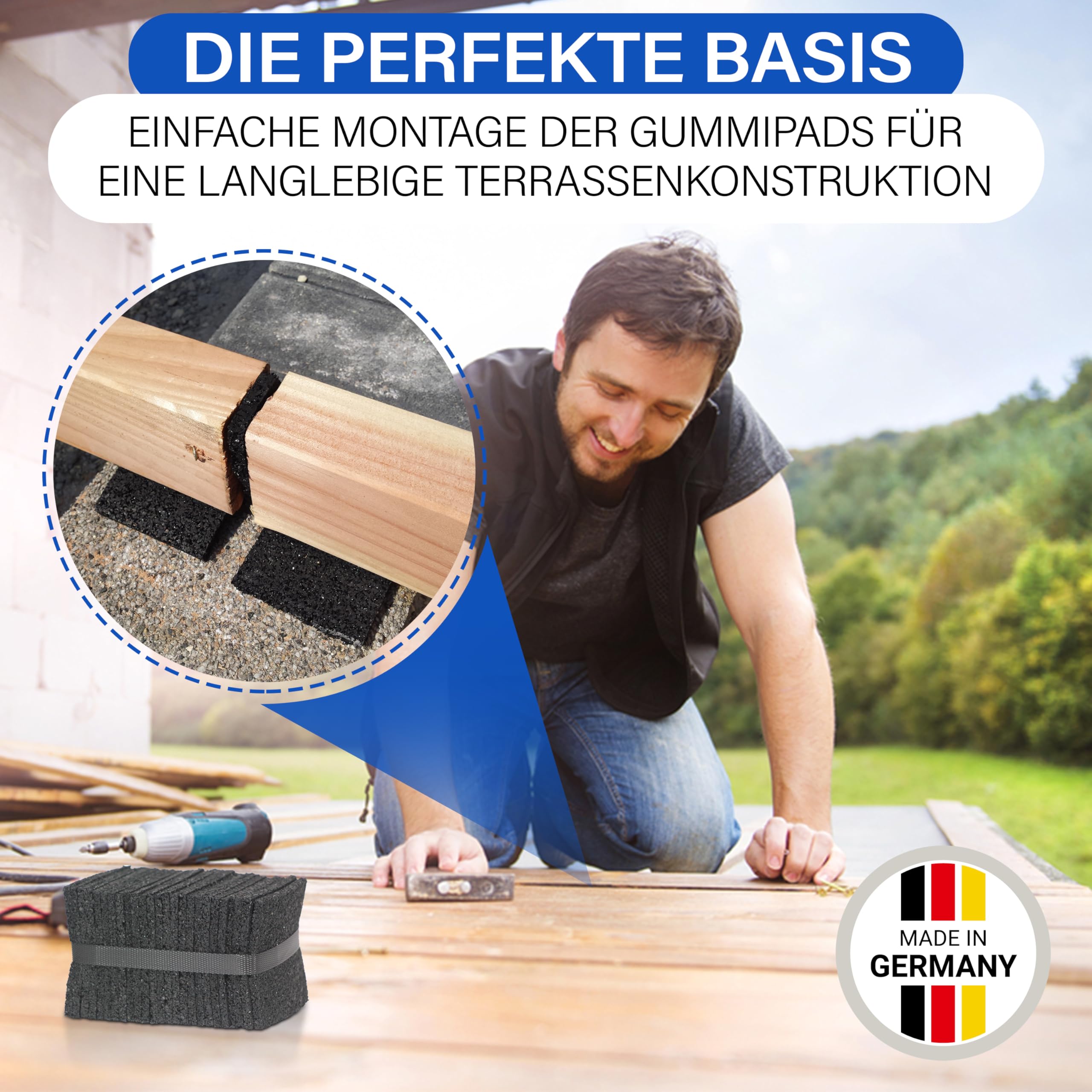 Gummimattenprofi 20 mm x 90 mm x 90 mm 100 Stück Terrassenpads Gummiunterlage Bautenschutzmatte | Gummigranulatmatte für Oberflächenschutz | Unterkonstruktion WPC, Fliesen, Dielen