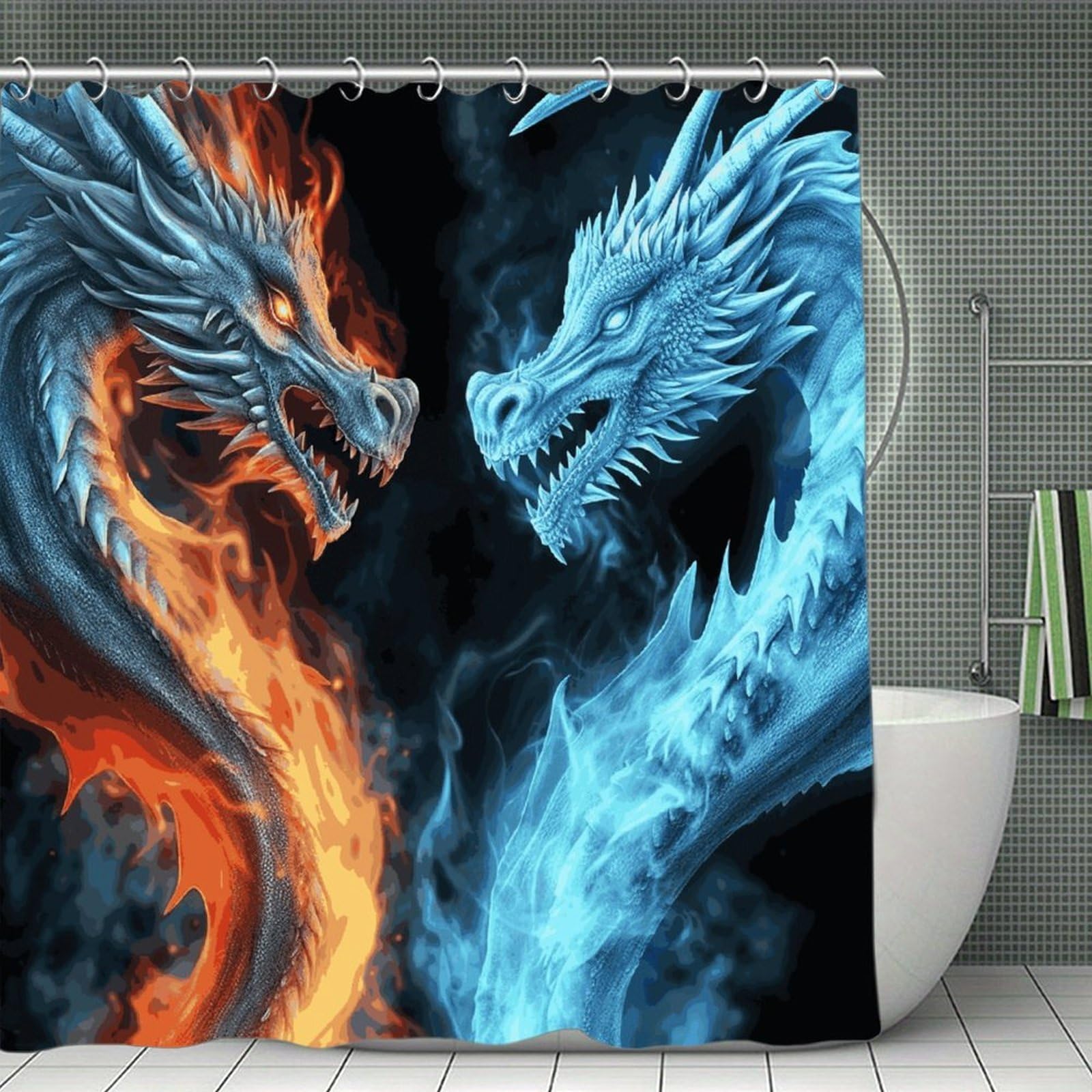 VstaDank Ice and Fire Dragons Shower Curtain Light-Weight Blackout Bathroom Curtain Washable Shower Liner 71x71 Inch Bath Curtain with Metal Holes Bathtub Bath Room