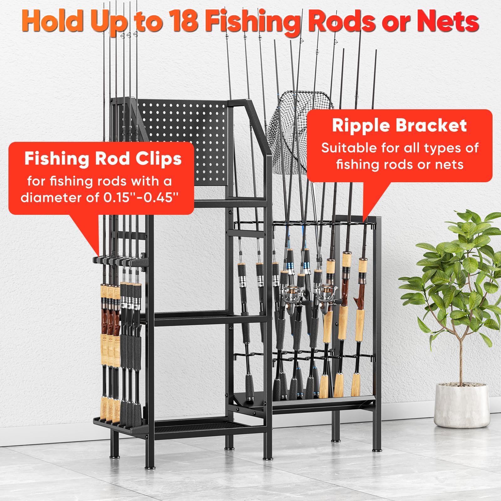 Amazon.com: POKIPO Fishing Rod Holders for Garage,Fishing Rod Rack Storage  up to 18 Rods,3 Tier Adjust Heavy Duty Metal Fish Pole Stand Organizer with  Pegboard for Fishing Gear and Equipment Accessories :