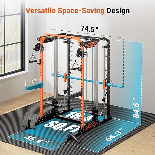 Miniatura 5 de YOLEO Smith Machine & Squat Rack Combo, Multi-Functional Power Racks with Adjustable Width & Pull-Up Bar, Cable Crossover Power Cage, Independent