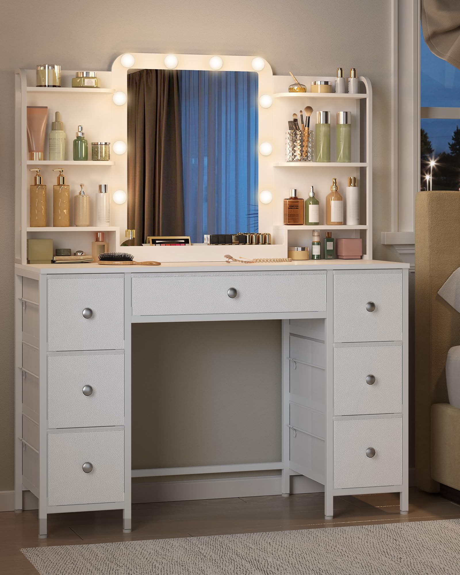 Hzuaneri Coiffeuse avec éClairage LED, Coiffeuse avec Grand Miroir HD, 7 Tiroirs et 6 éTagèRes de Rangement, Dressing de Chambre, Moderne Blanc DT42303XEU