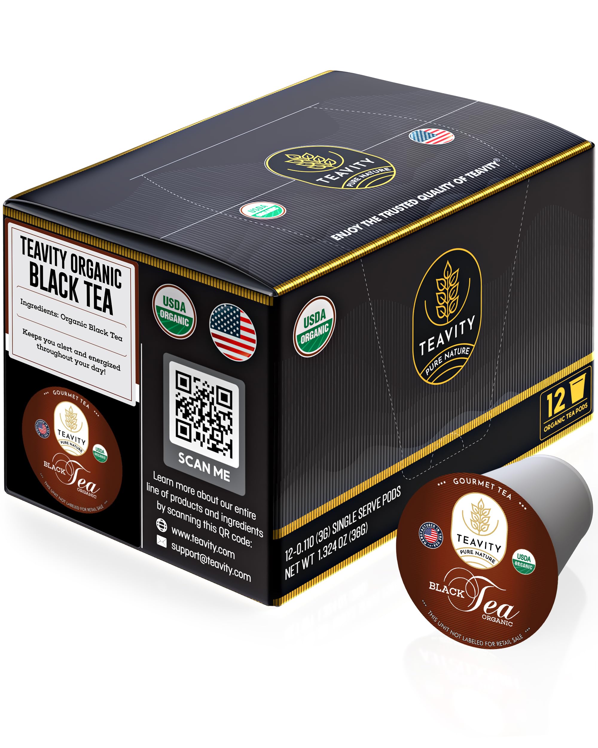 Teavity Organic Black Tea Pods - 12 Unsweetened Tea Pods for Keurig Kcup Brewers - Naturally Caffeinated, Hand-Picked from Sri Lanka, Sturdy Packaging