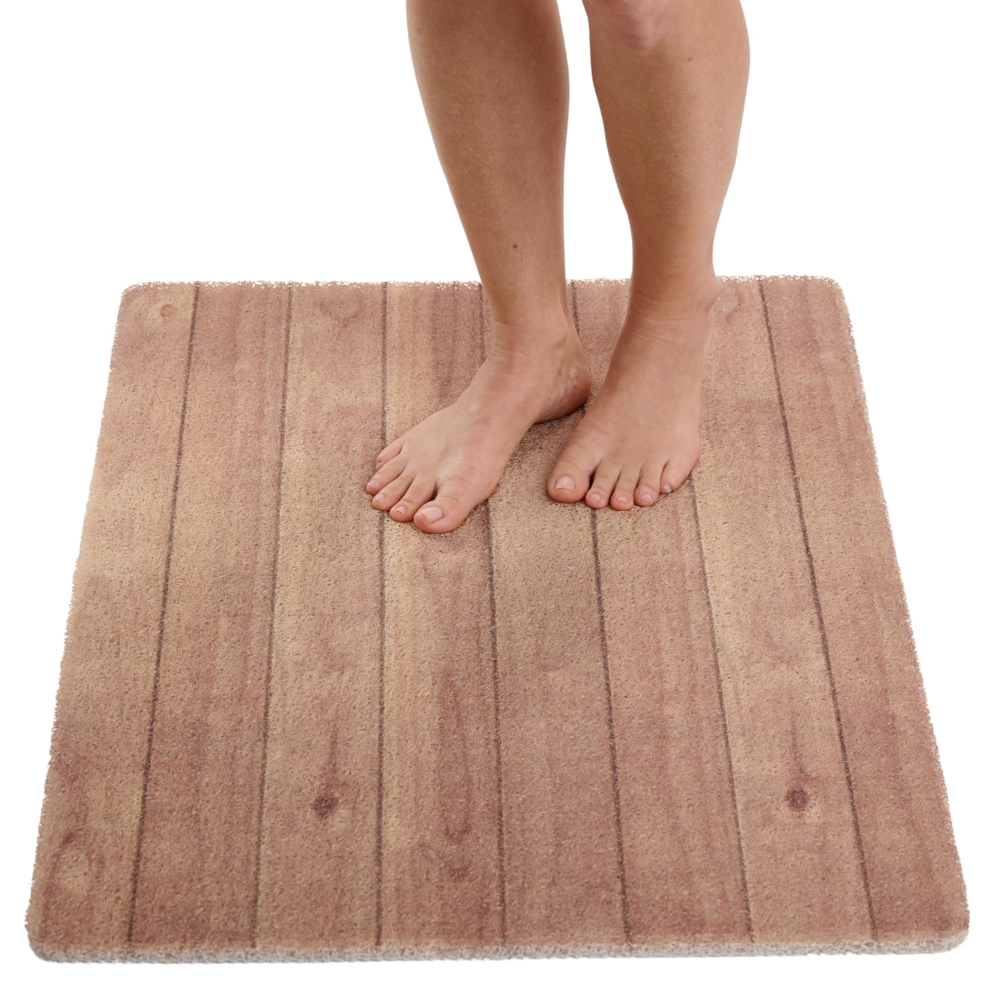 Enkosi Loofah Non-Slip Shower Mat - Shower Floors, Bathtub, Bathrooms, Wet Areas - Cushioned Bath Mat with Drain Holes - Quick Dry PVC, Secure Safety Pad Without Suction Cups (32x24 Teak Wood)