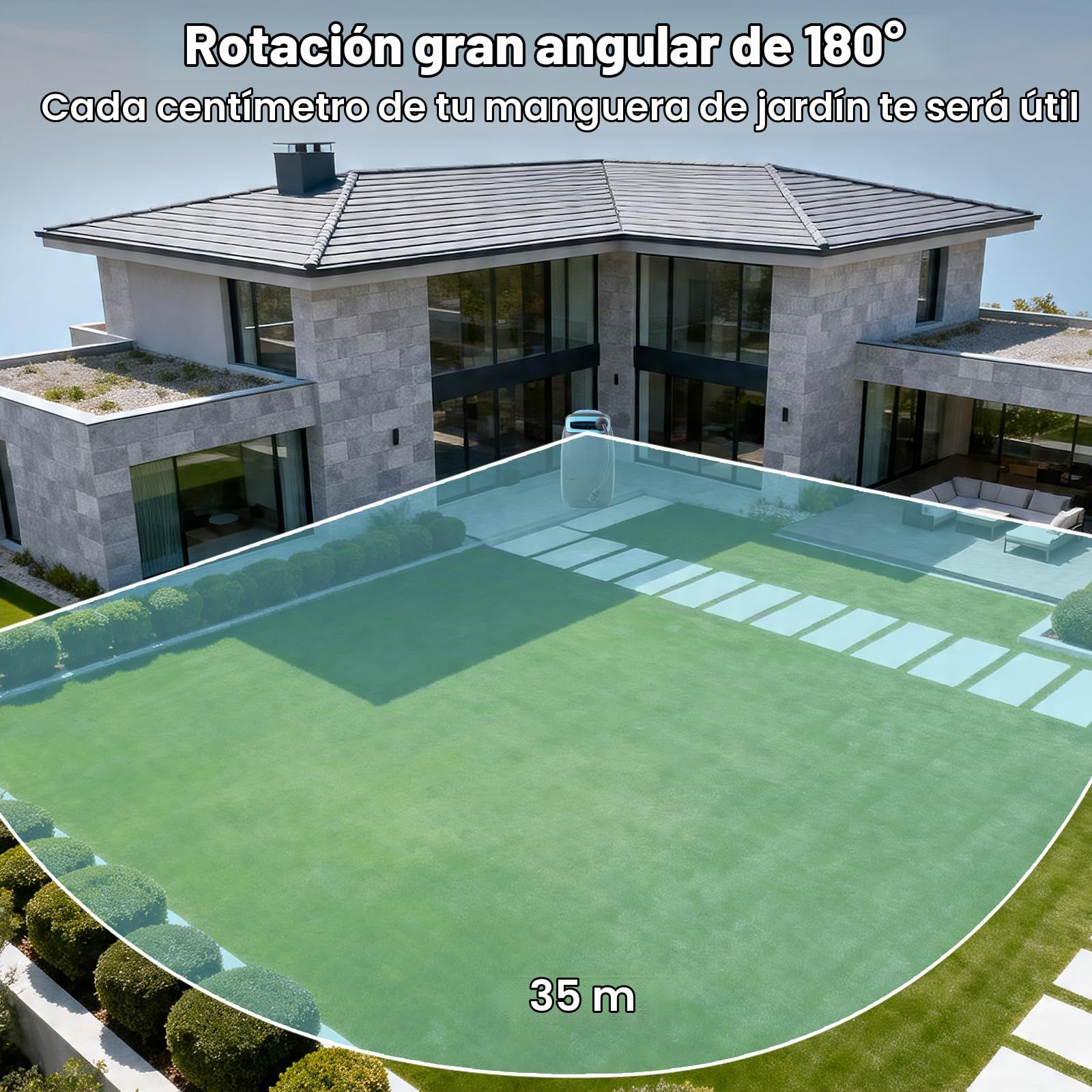 OUTIGO Carrete de Manguera 35m, Rebobinado Automático con Cierre y Soporte Giratorio de 180°, Devanador de Manguera de Agua con Boquilla de 8 Modos para Regar el Jardín y Limpiar e