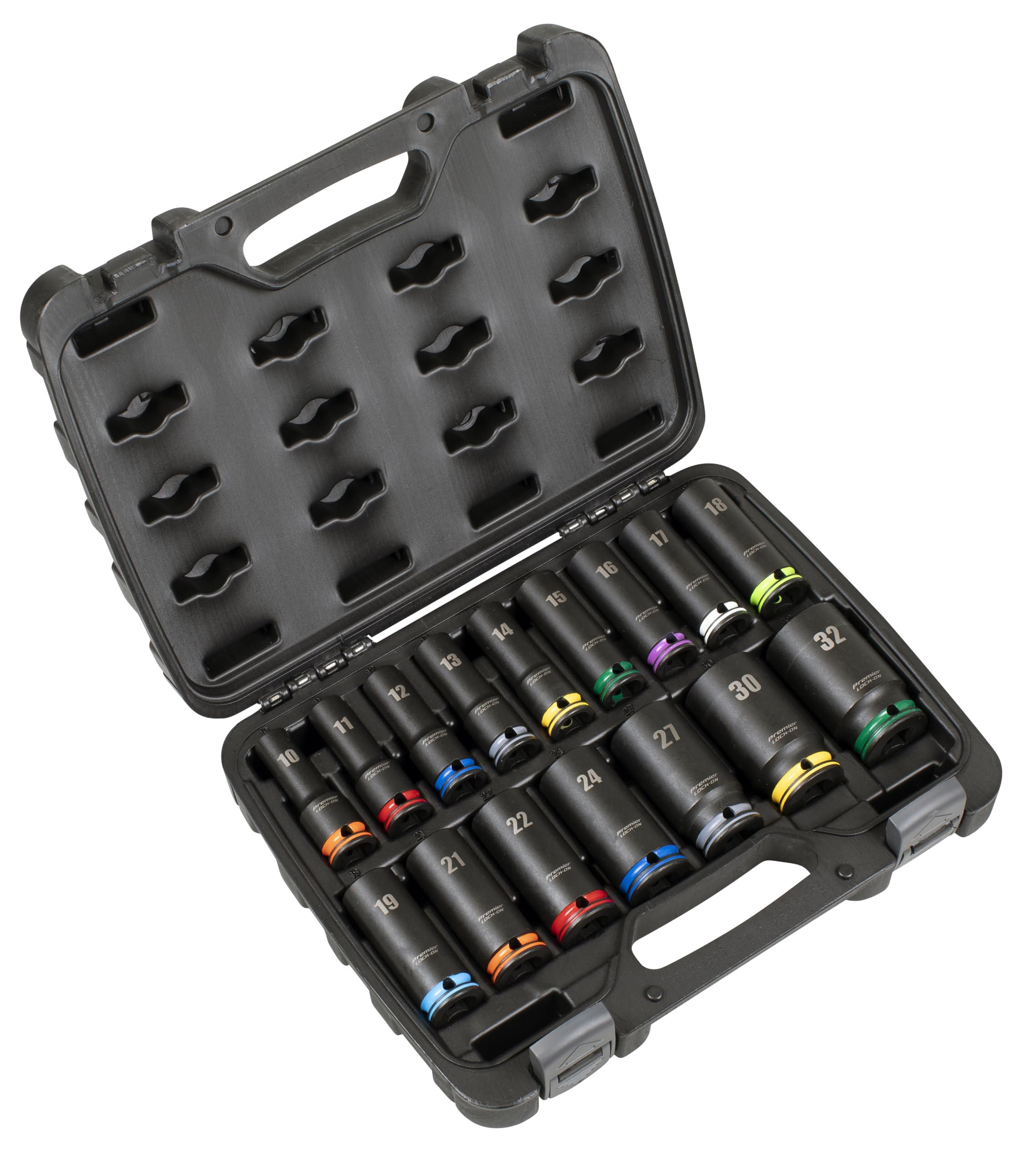 Sealey Premier 16pc 1/2" Sq Drive Lock-On™ Deep Impact Socket Set 6pt Metric - AK58170M, Black