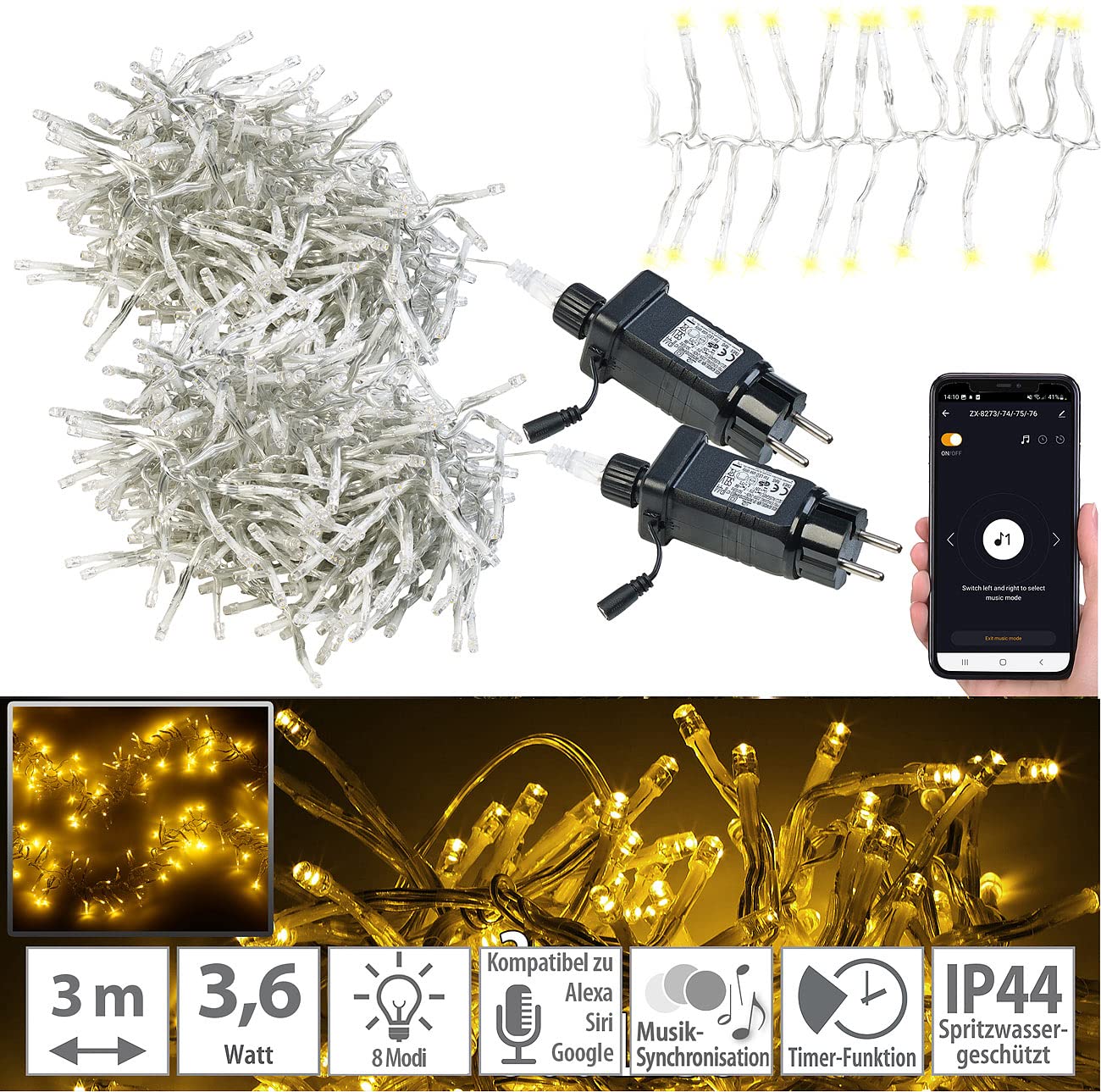 Lunartec Lichterkette Smart: 2er-Set WLAN-LED-Büschel-Lichterketten, 300 LEDs, App, 6m, transparent (Cluster-Lichterkette außen, App gesteuerte Lichterketten, Dimmer)