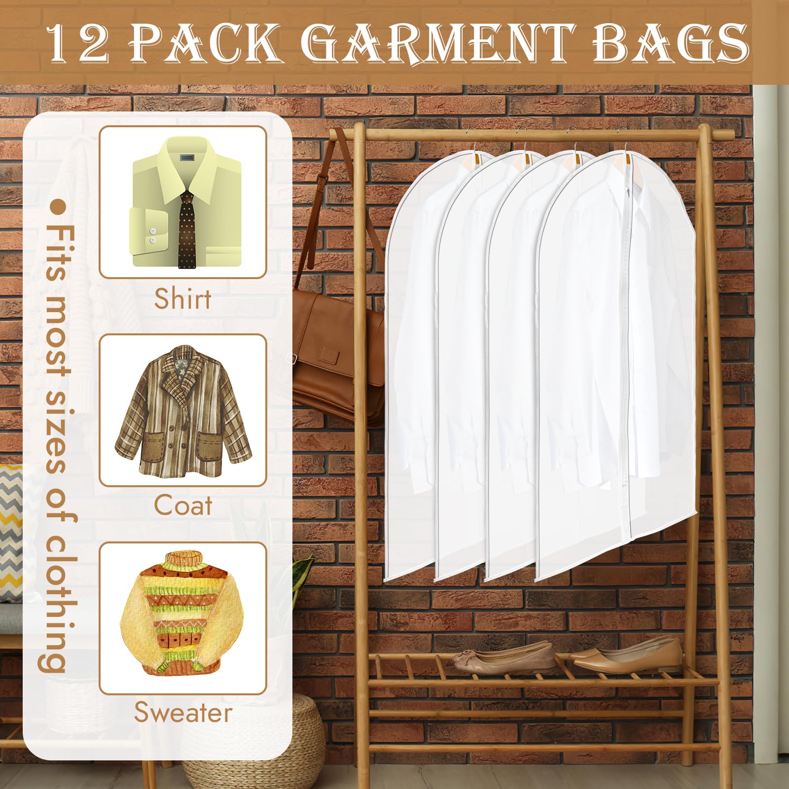 12 Pack Garment Bags for Hanging Clothes, Zippered Suit Bags for Travel, Translucent Clothing Covers (23'' x 39'')