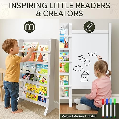 Miniatura 7 de Estantería blanca para niños, estante para libros para habitación de niños con muebles Montessori, pizarra blanca deslizante, marcadores de borrado