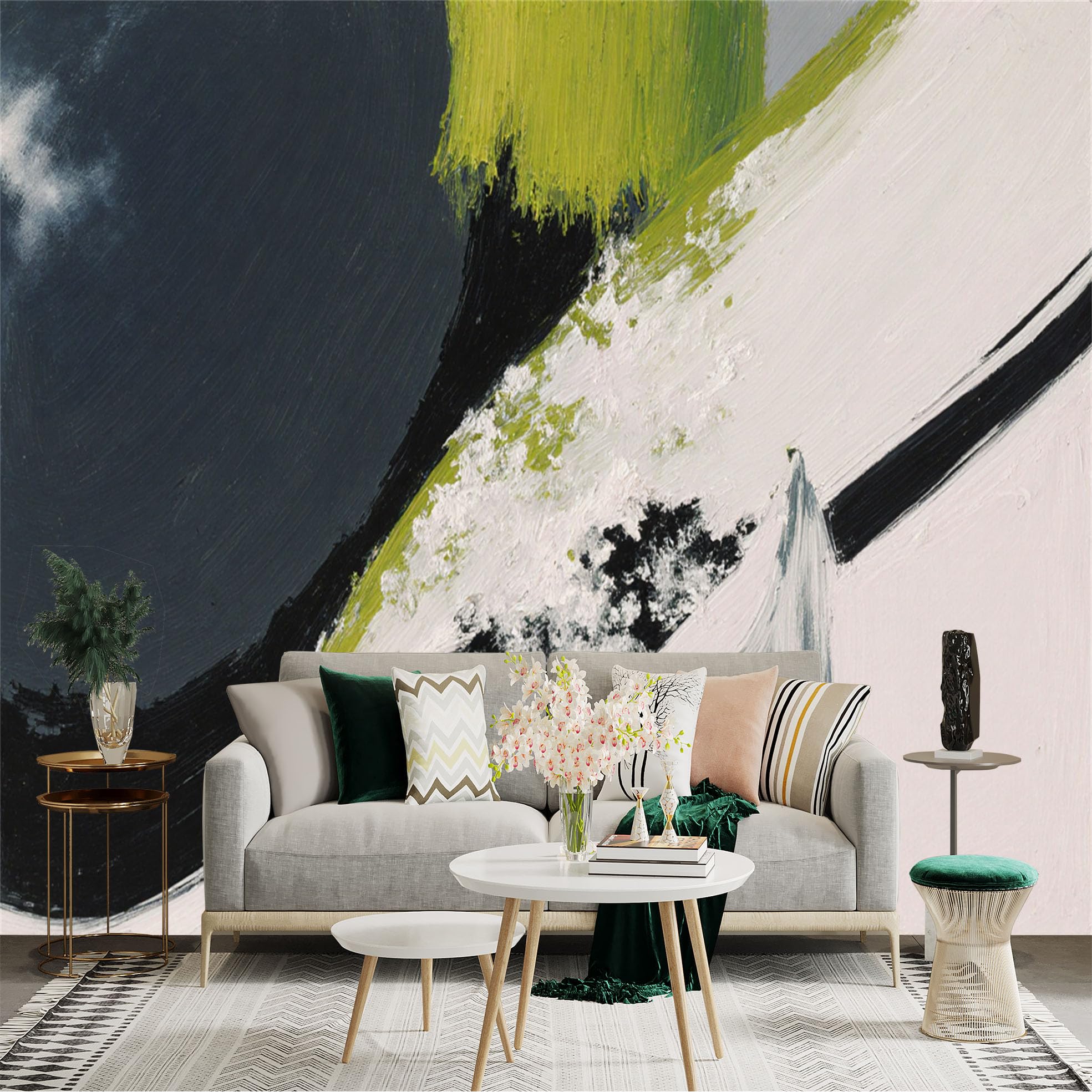 Custom Size Wall Sticker Mural， Abstract Oil Painting， Modern Brush Strokes， Minimalist Green and Black Texture， for wall Decoration， peelandstick wall Decals.