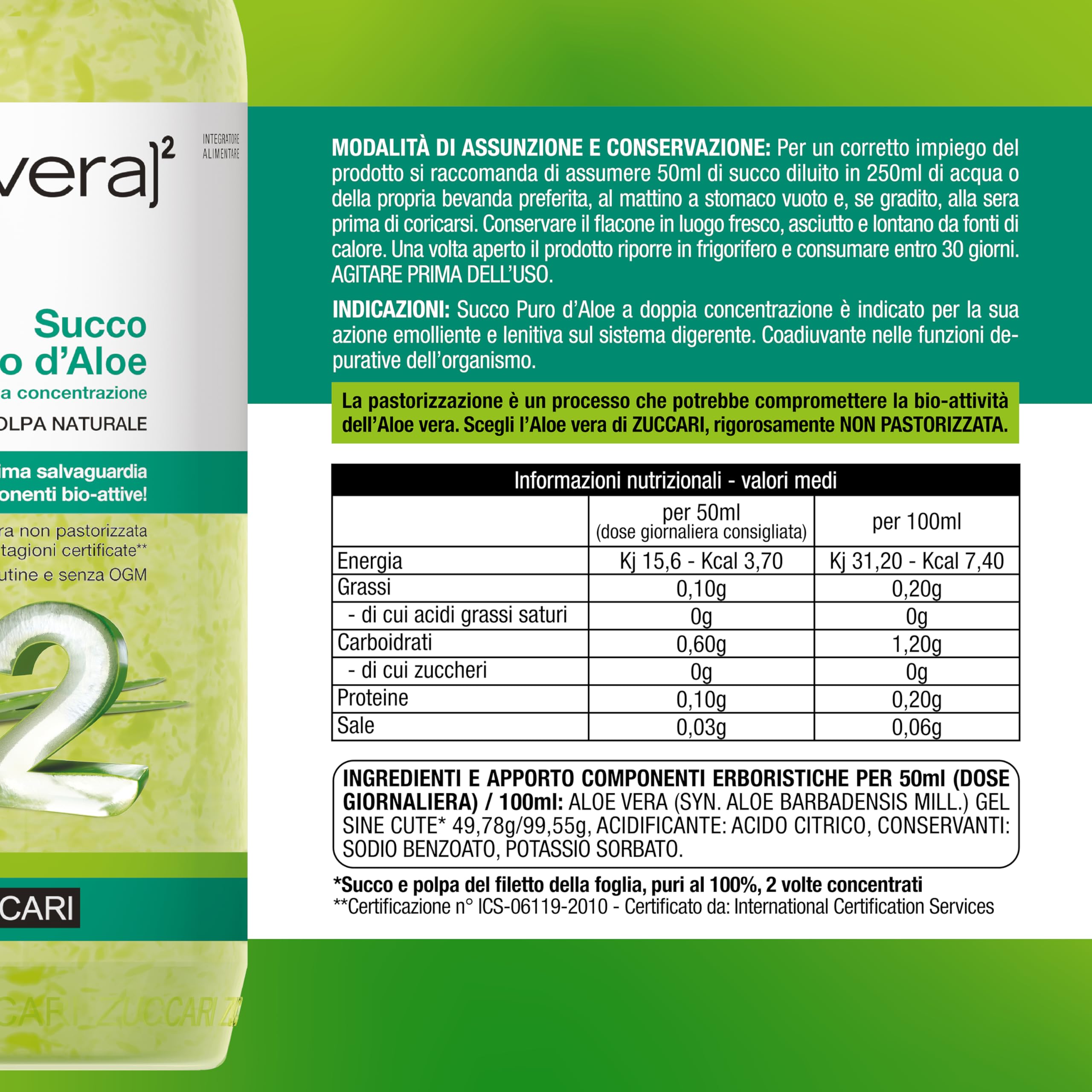 Zuccari ALOEVERA² Succo Puro d'Aloe, Bottiglia da 1000ml, Aloe Vera a Doppia Concentrazione, Non Pastorizzata, Supporto per la Depurazione e il Benessere Gastrointestinale