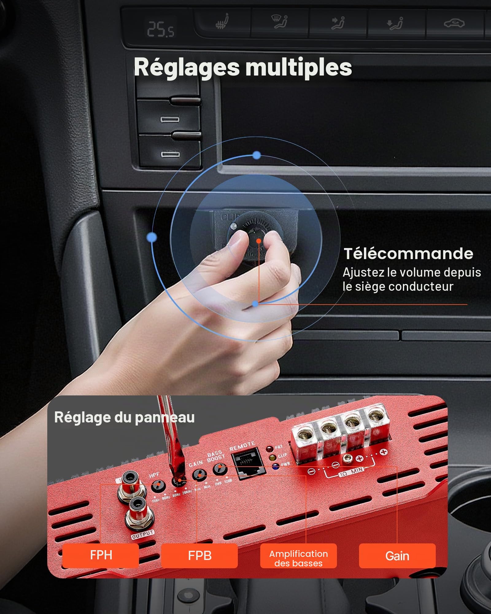 VEVOR Ampli Voiture Monobloc, Amplificateur Audio Auto 1 Canal, Classe D, 3000 W RMS Max, Stable sous 1/2/4 ohms, avec Télécommande pour Niveau du Subwoofer, Filtre Passe-bas, Amplification des Basses