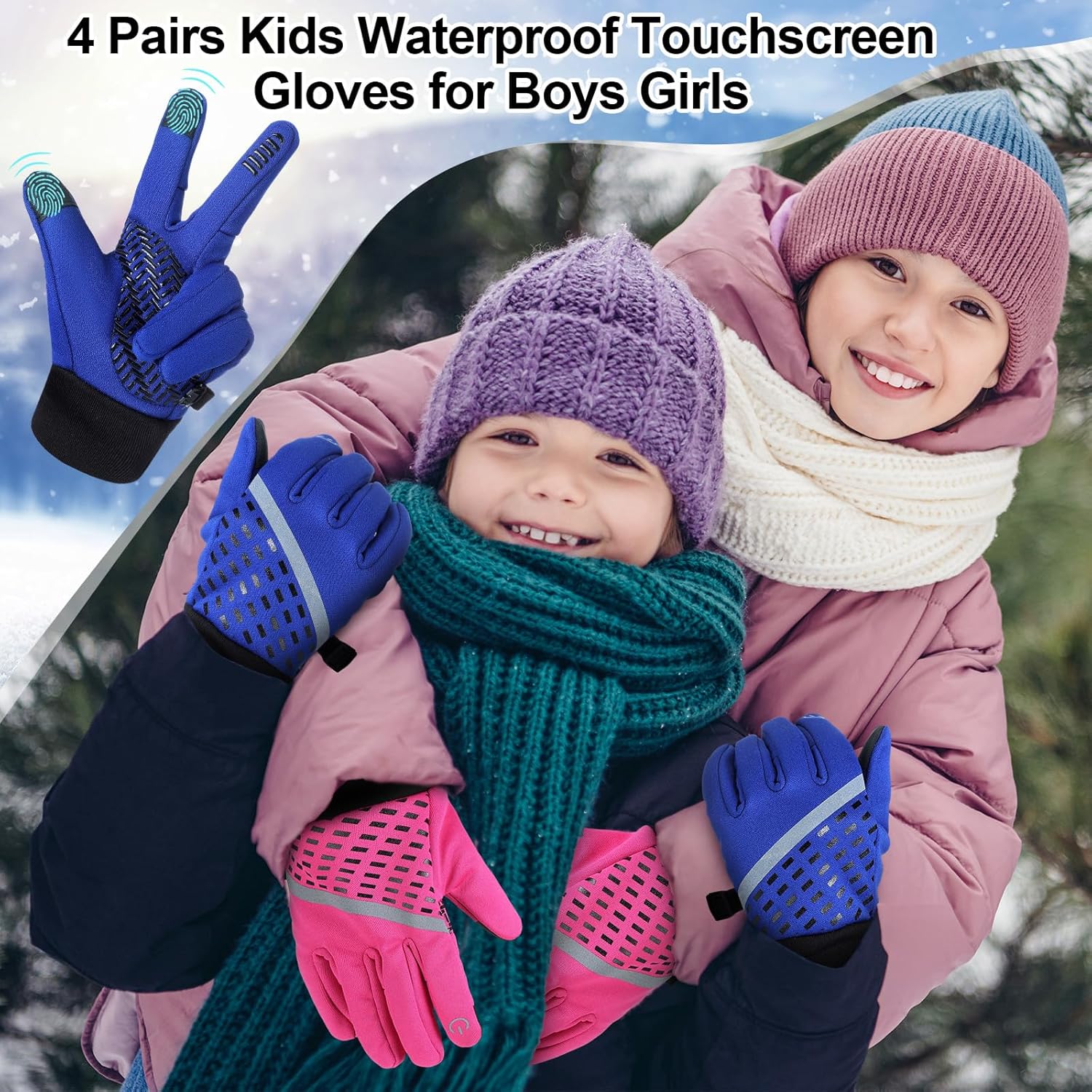 Suhine 4 Pairs Kids Waterproof Touchscreen Fleece Lined Ski Gloves - Warm Winter Snow Gloves with Reflective for Kids Boys Girls - Image 5