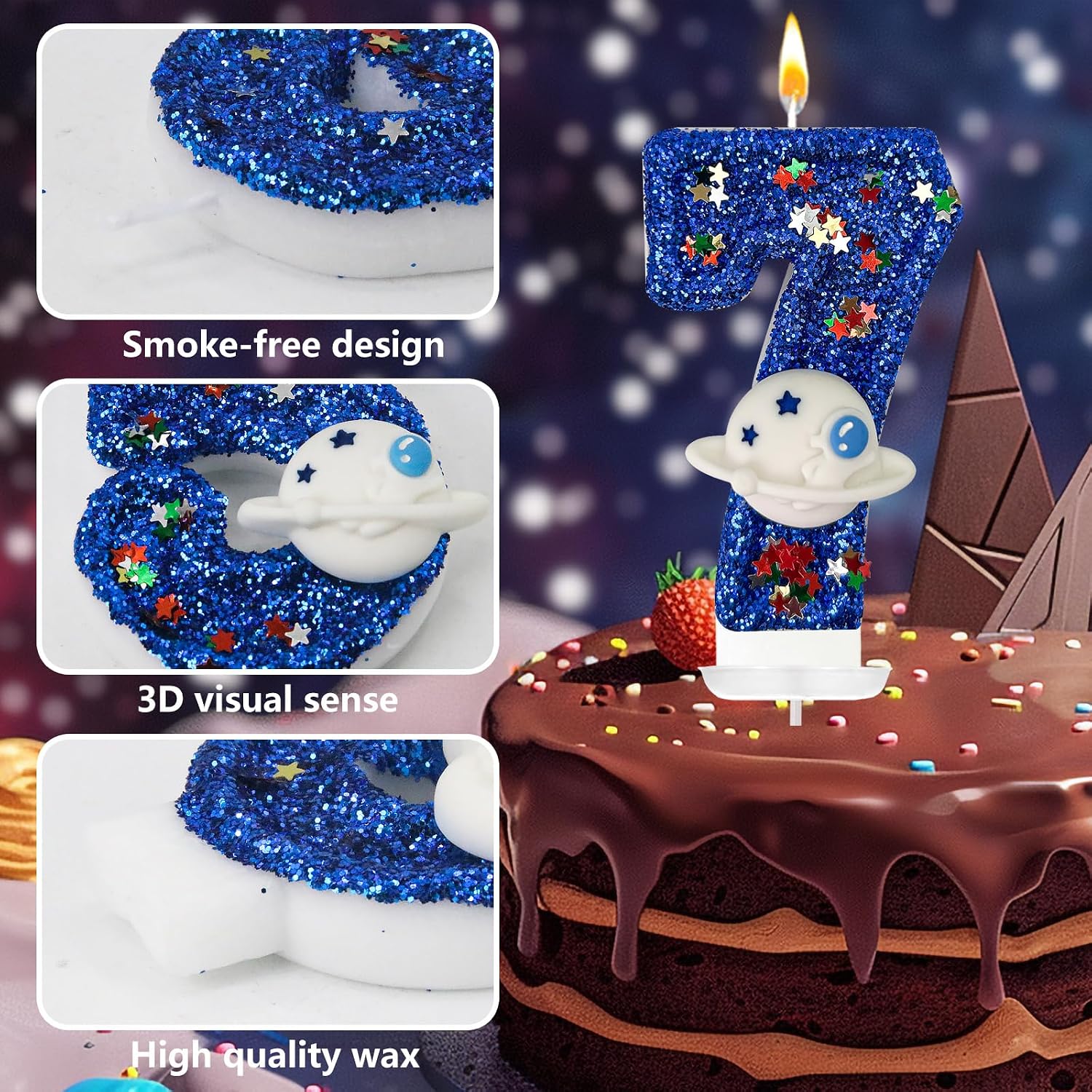 HXOUSE Spaceship Number 7 Birthday Candles - Planet Theme Birthday Candles for Cake - Astronaut Party Celebration Candles for Boys & Girls (Number 7) image 3