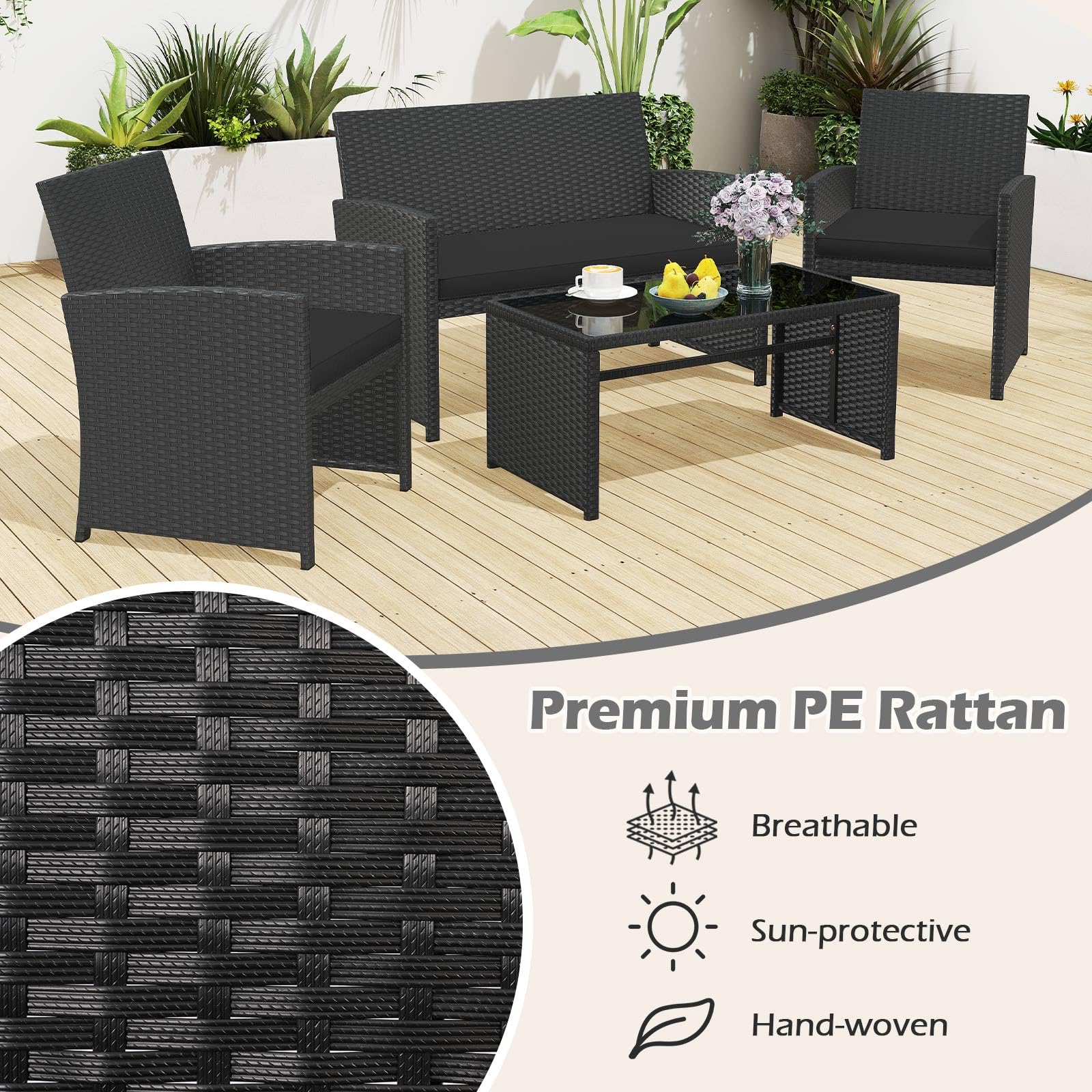 GIANTEX Set Salotto Esterno 4 Pezzi in Rattan PE, Divano 2 Posti + 2 Poltrone + Tavolo Basso con Piano in Vetro, Arredamento da Giardino per Terrazza e Patio, Nero