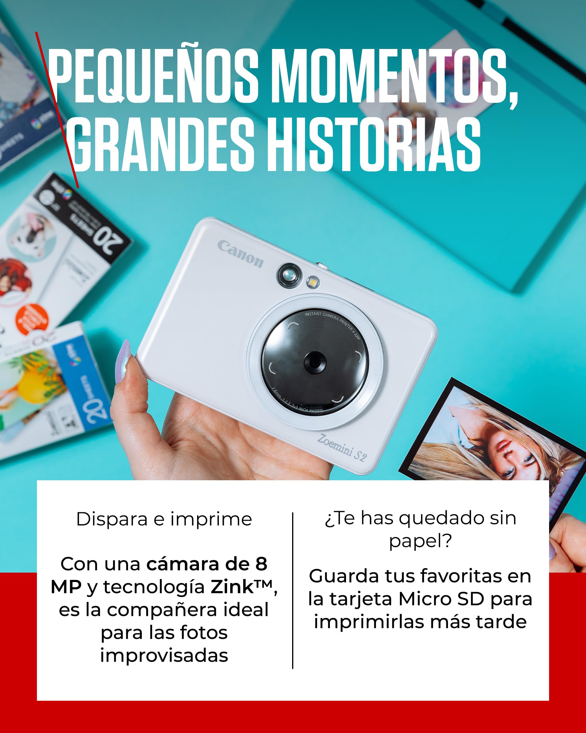 Canon Zoemini S2 Cámara Instantánea con Impresora Fotográfica de 8 MP – con Espejo, Anillo de Luz y Papel Fotográfico Zink Adhesivo (Blanco Perla)