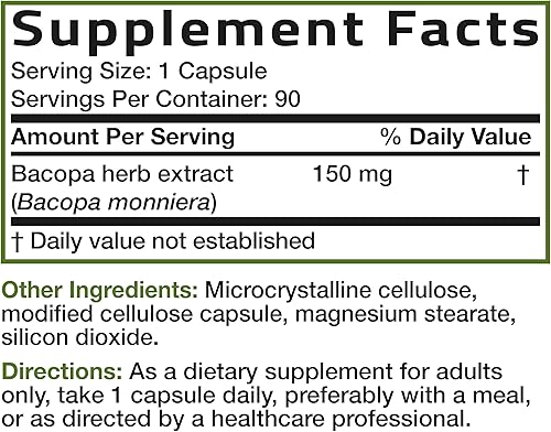 Miniatura 8 de Bronson Bacopa apoya la función cerebral saludable y el rendimiento mental, hierba tradicional, sin OGM, 90 cápsulas vegetarianas