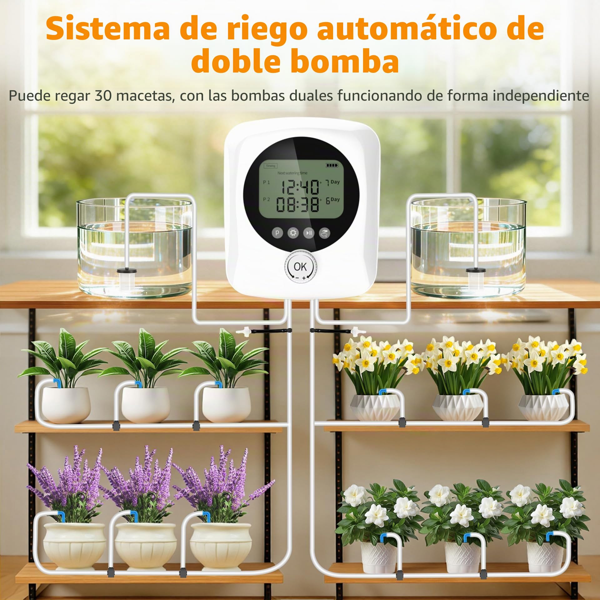 Riego por Goteo Automático Doble Bomba, Kit Riego por Goteo Recargable USB-C con Batería 4400mAh, Temporizador Ajustable Caudal 800ml/min, 20m Tubo+30 Goteros para Jardín Balcón