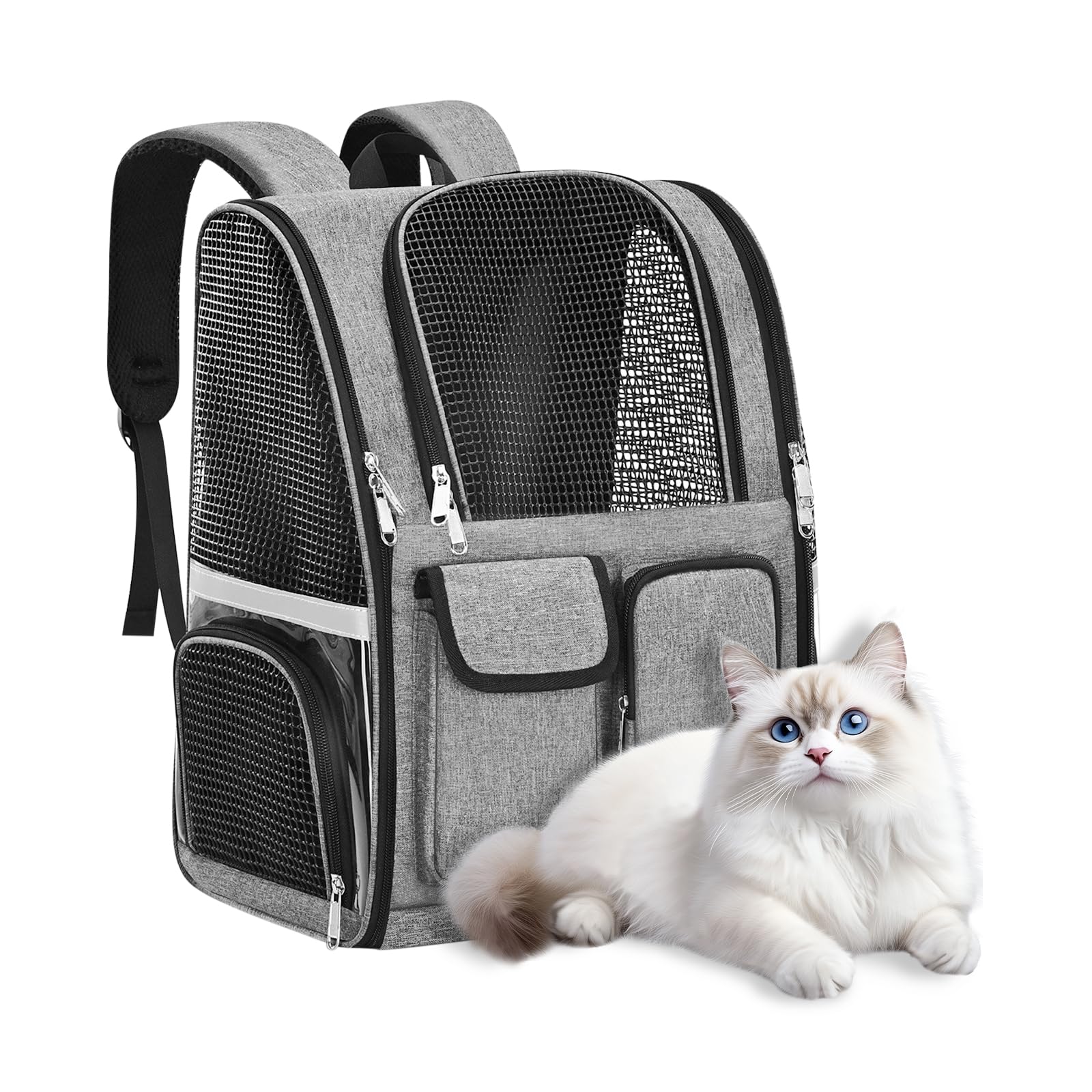 Zaino per Gatti 41x35x25cm – Trasportino Grigio Traspirante con Strisce Riflettenti, Cinghie S Comode, Multi-Zipper – Ideale per Gatti e Piccoli Animali