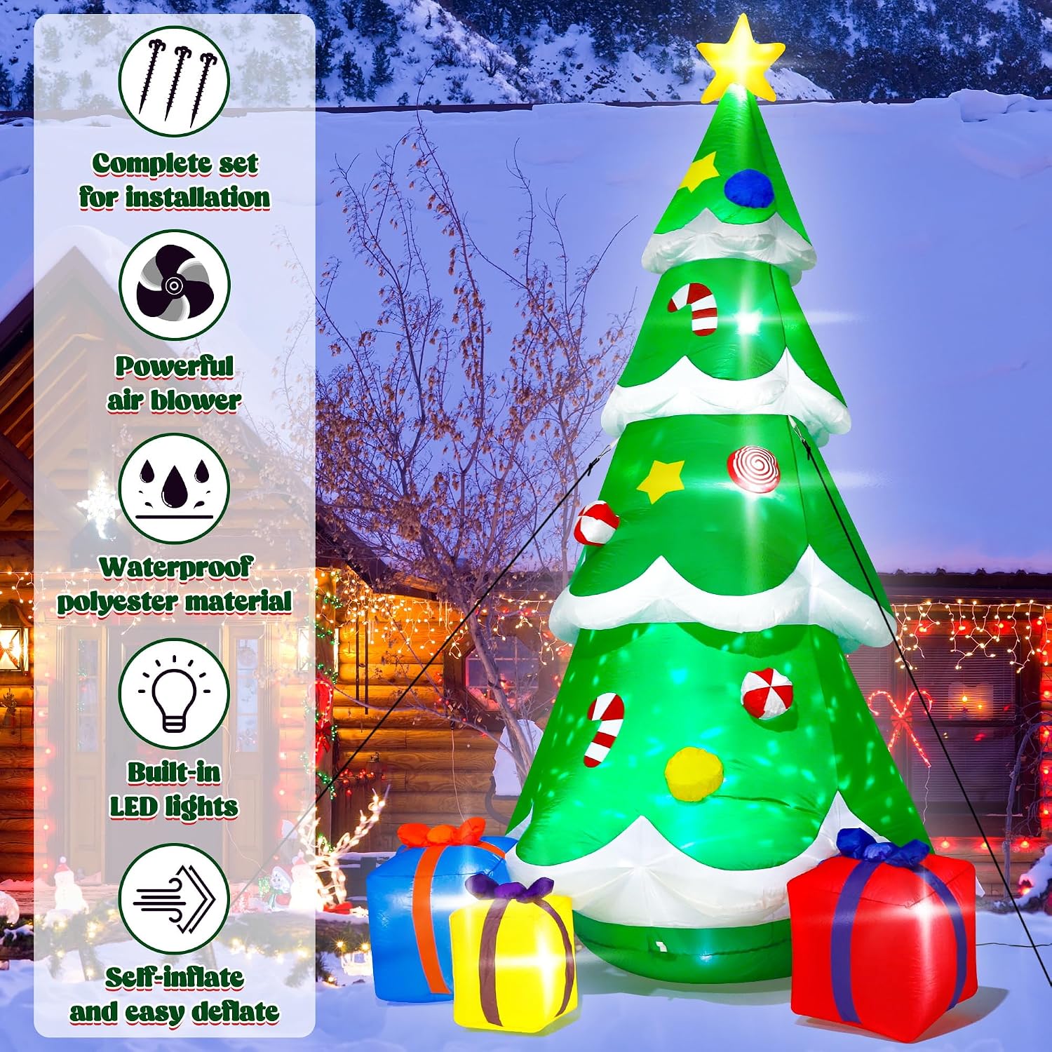 12FT Christmas Tree Inflatable, Giant Blow Up Tree With Boxes, Lighted Up With Rotating Snowflake Lamp, Colorful Yard Decoration for Xmas Lawn