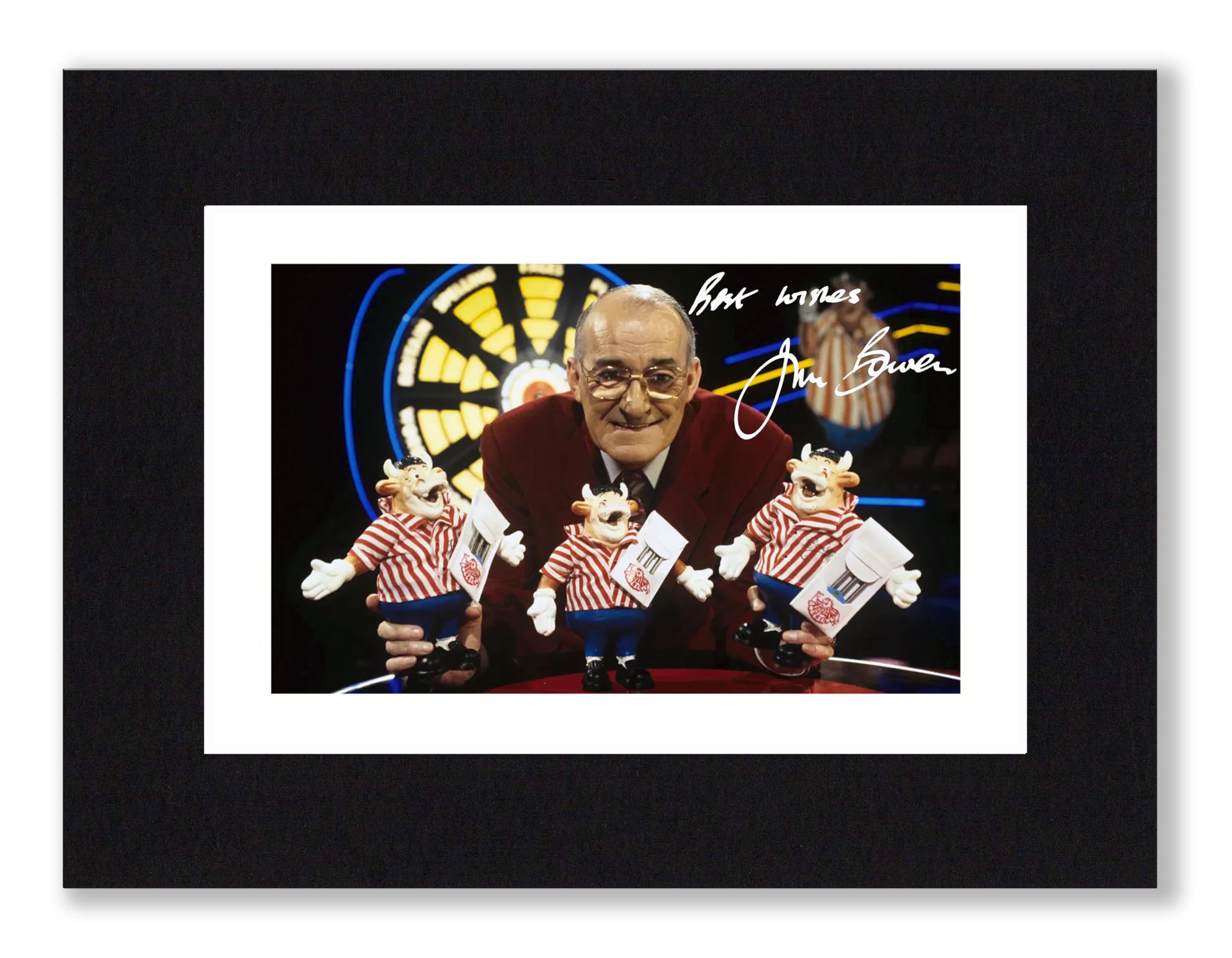 RJR PRINTS Jim Bowen ' Bullseye' Signed 8x6 Inch Darts Mounted Photo With A Print Pre Printed Signature Which Would Make A Great Autograph Gift For A Fan, Ready To Be Framed.