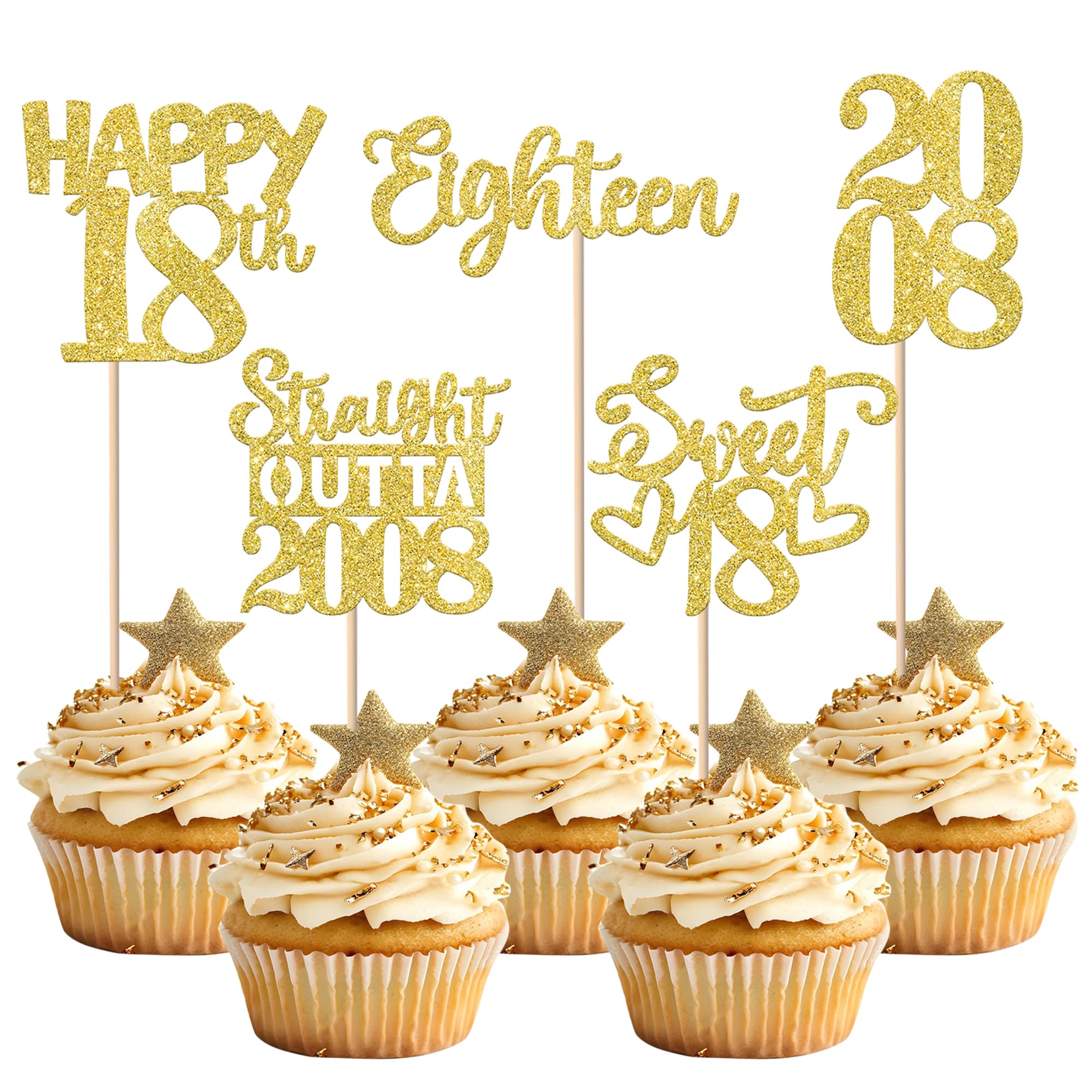 Xsstarmi 30 Pack Happy 18th Birthday Cupcake Toppers Gold Glitter Sweet 18 Straight Outta 2008 Cupcake Picks for Cheers to 18 Years 18th Birthday Anniversary Party Cake Decorations