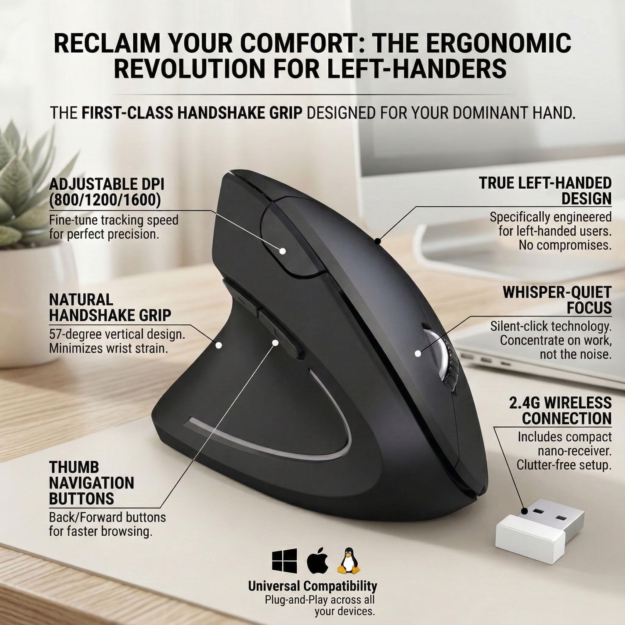 Mouse per mancini, mouse ergonomico per mancini, mouse verticale wireless USB 2.4G, DPI regolabile (800/1200/1600), 6 pulsanti per PC, Mac, laptop, Windows, desktop - nero