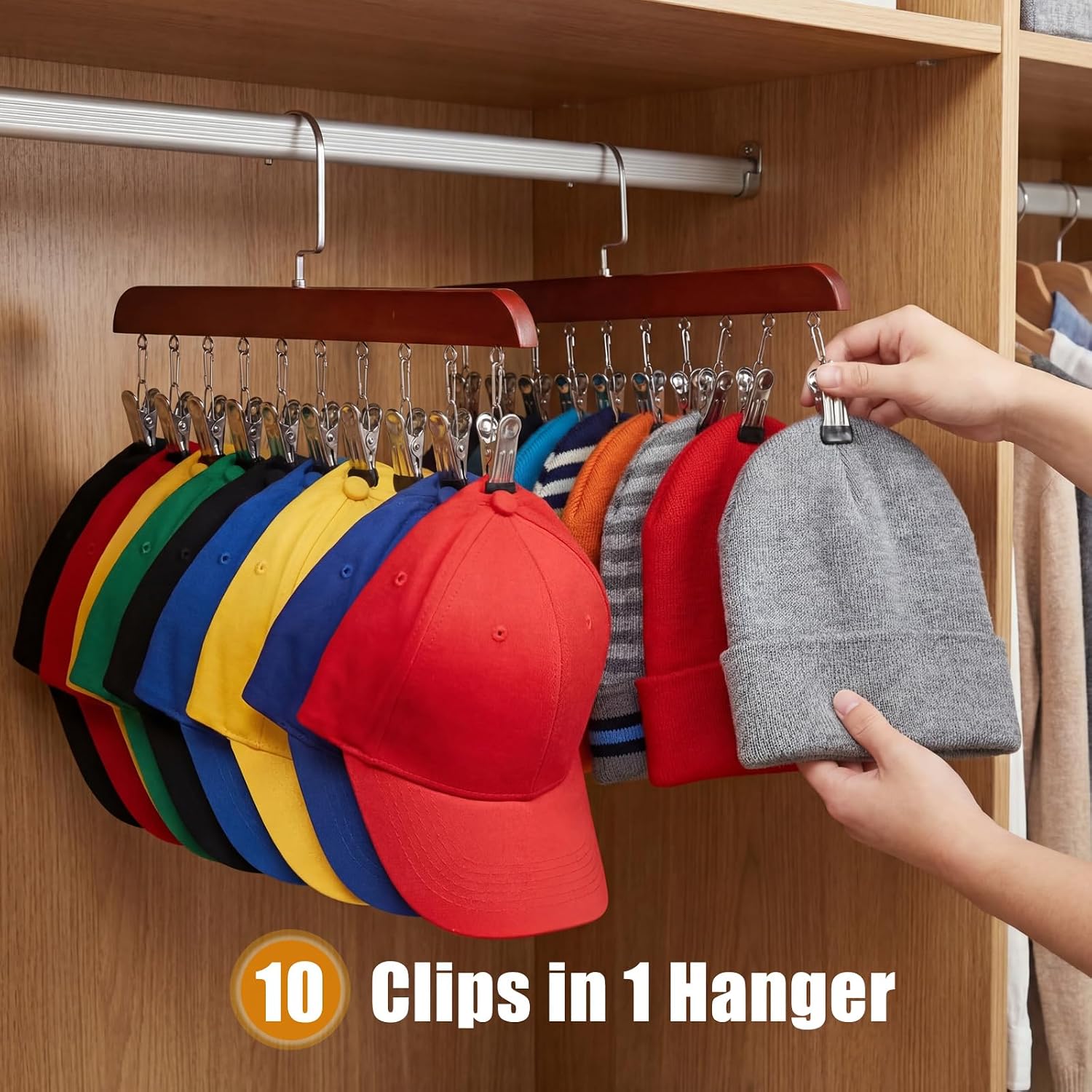 Novabright 2 Pcs Closet Organizer with 10 Clips Wooden Hat Rack for Closet, Space-Saving Hanging Organizer, Multipurpose Storage Display Accessory for Beanies, Ties, and Socks (Brown)