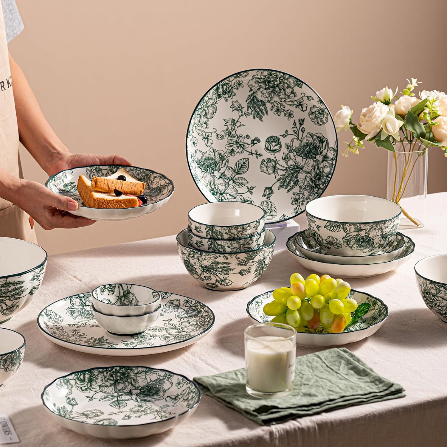 48-Piece Ceramic Dinnerware Set, Service for 8, Vintage Green Rose Floral Plates and Bowls Sets, Microwave & Dishwasher Safe, Porcelain Dinnerware Set for Kitchen & Dining