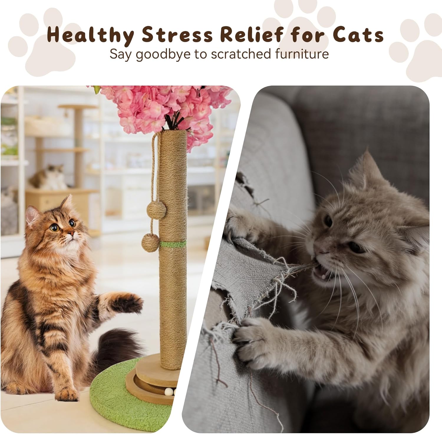 Cherry Blossom Cat Scratching Post, 31" Tall Natural Sisal Sturdy Base Tower with Interactive Trackball Toy for Indoor Kittens & Large Felines, Japanese Aesthetic Floral Furniture Decor